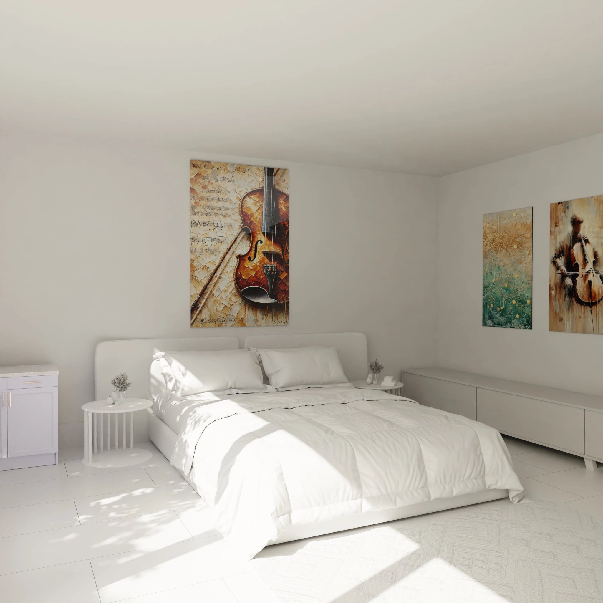 Dans cette chambre, le tableau "Vibrations d'Ambre" s'harmonise au-dessus du lit. Les nuances chaudes du violon ajoutent une élégance musicale à l'espace. Ambiance chaleureuse et artistique. 🎶🛏️

