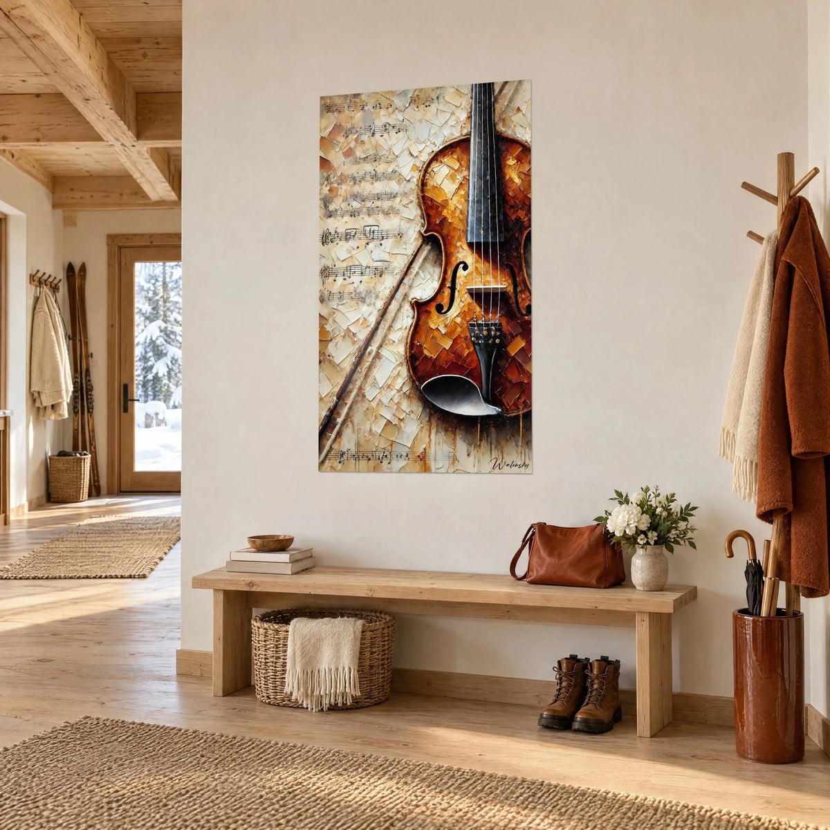 Tableau lutherie cuivrée aux éclats de couteau, fond crème et notes noires, en vue de trois-quarts dans une entrée en bois