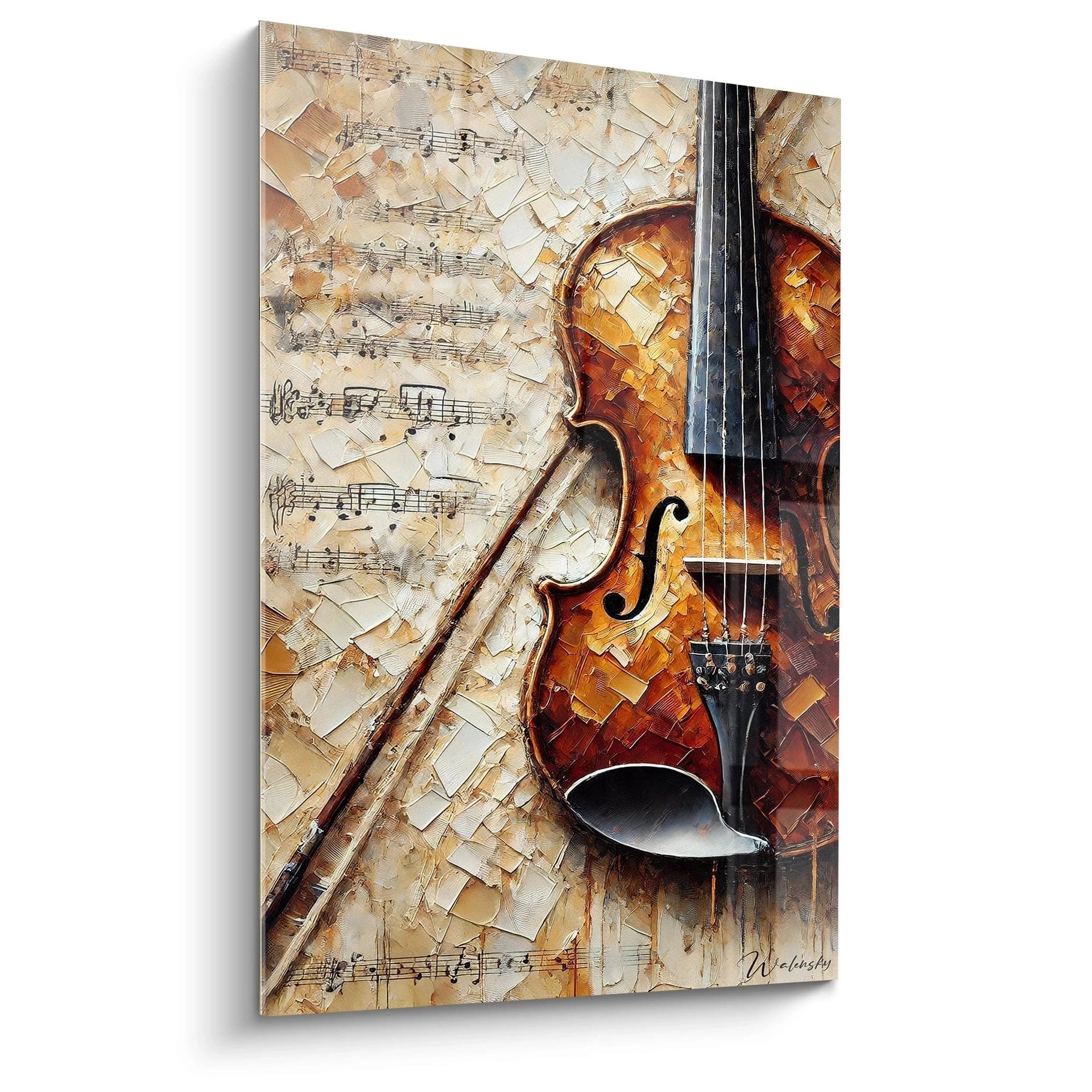 Ce tableau "Vibrations d'Ambre" offre une vue de biais, dévoilant ses riches textures au couteau. Les tons ambrés et bruns du violon contrastent magnifiquement avec le fond crème. 🎻🖼️

