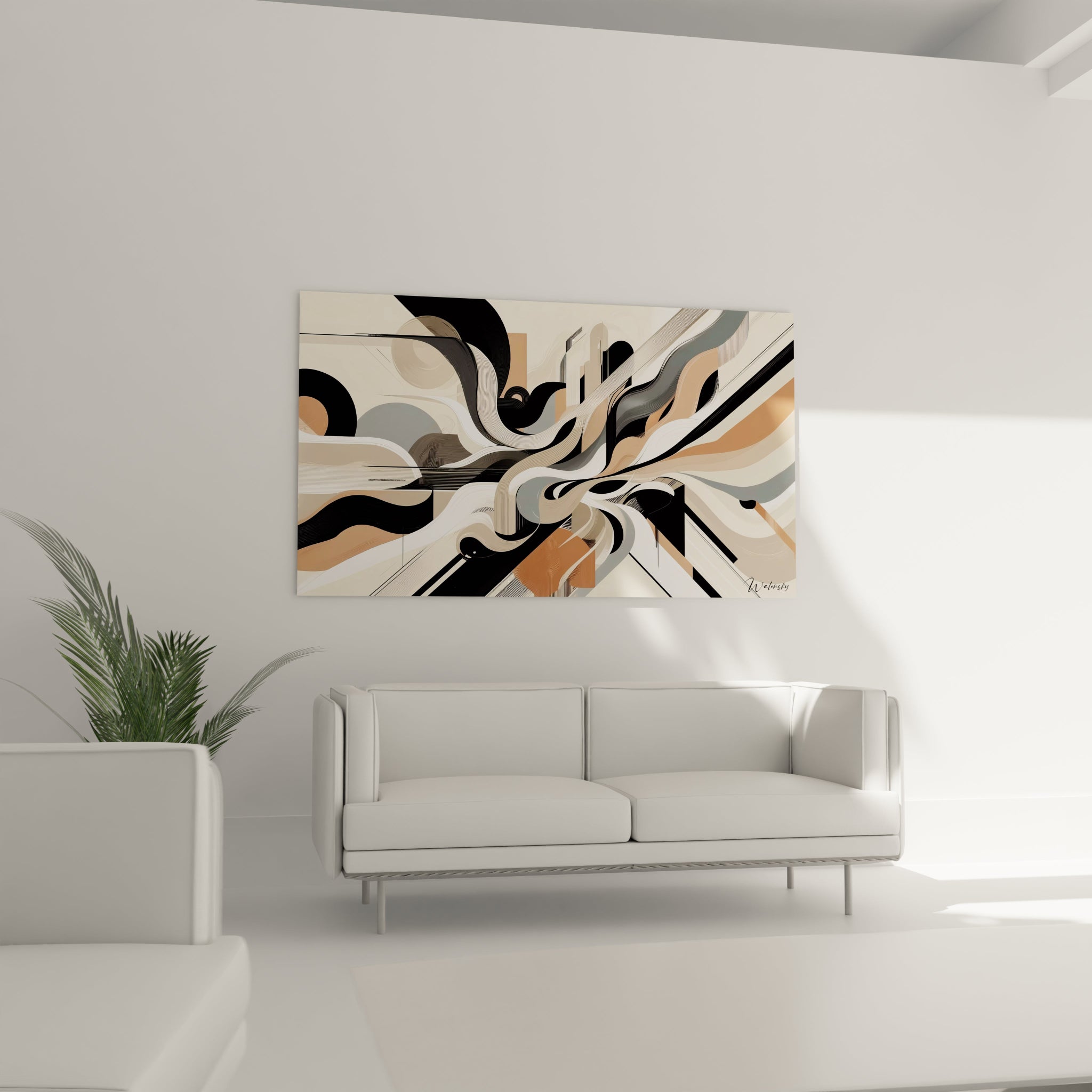 Tableau abstrait aux lignes sinueuses. Couleurs principales : noir mat, blanc neutre, gris perle et orangé délicat. Composition de courbes entrelacées, textures rayées, formes architecturales fragmentées.
