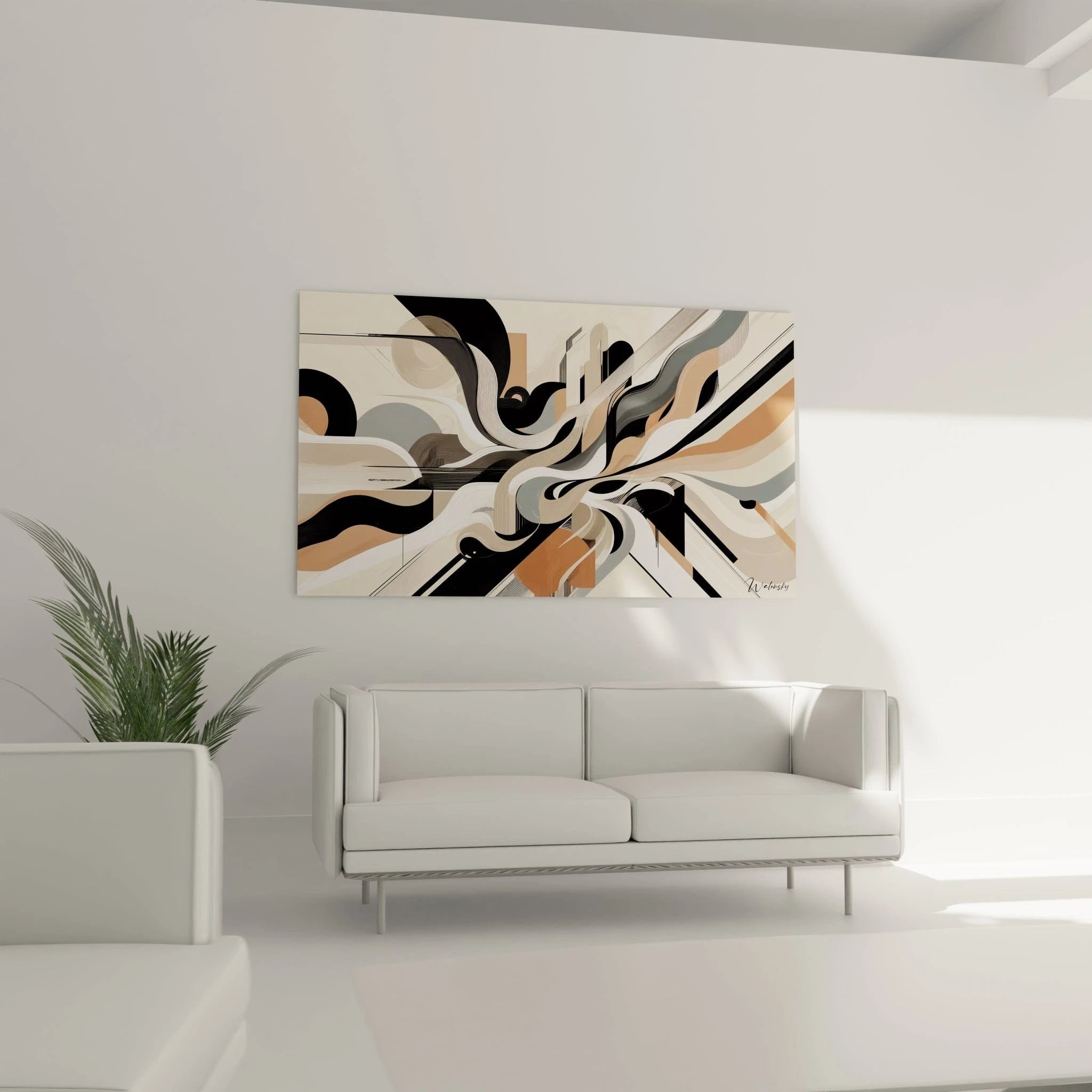 Tableau abstrait aux lignes sinueuses. Couleurs principales : noir mat, blanc neutre, gris perle et orangé délicat. Composition de courbes entrelacées, textures rayées, formes architecturales fragmentées.
