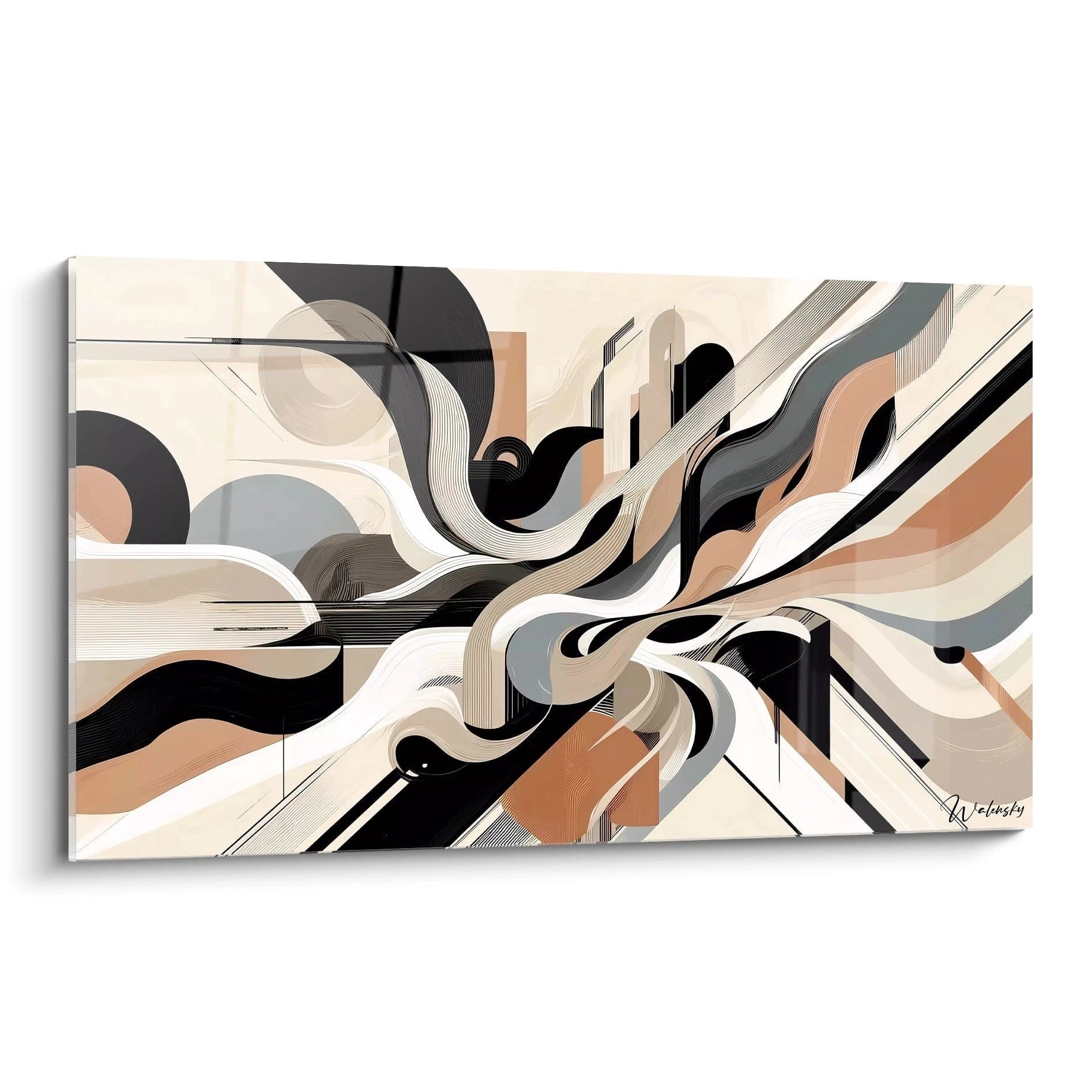Tableau abstrait aux formes fluides entrelacées. Palette de noir profond, blanc cassé, gris acier et tons pêche. Lignes courbes ondulantes, textures striées, combinaison de formes géométriques et organiques.
