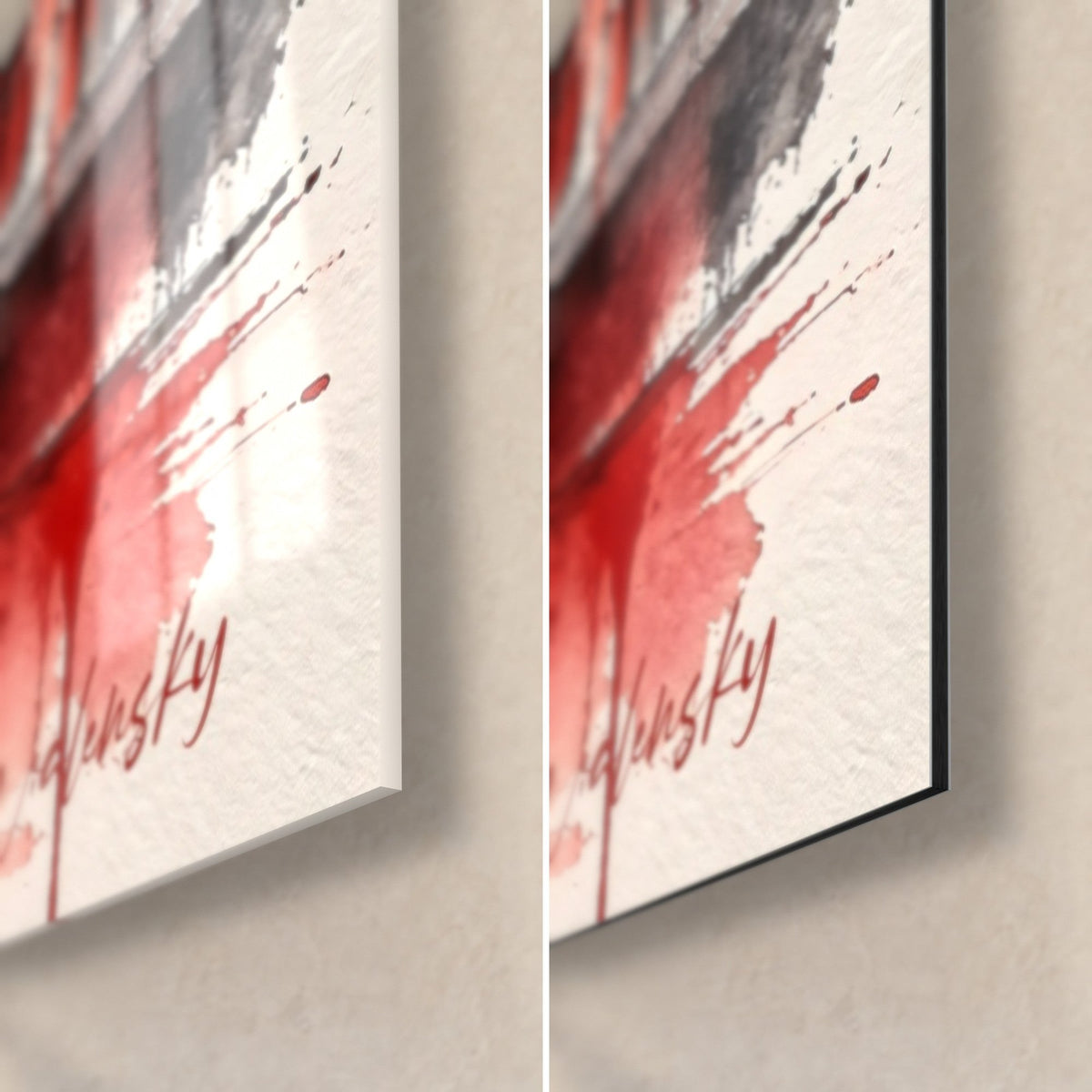 Gemälde rote und graue Brücke, unterer rechter Eckbereich: glänzendes Acrylglas links, matter Dibond-Alu rechts, 3 mm Kante