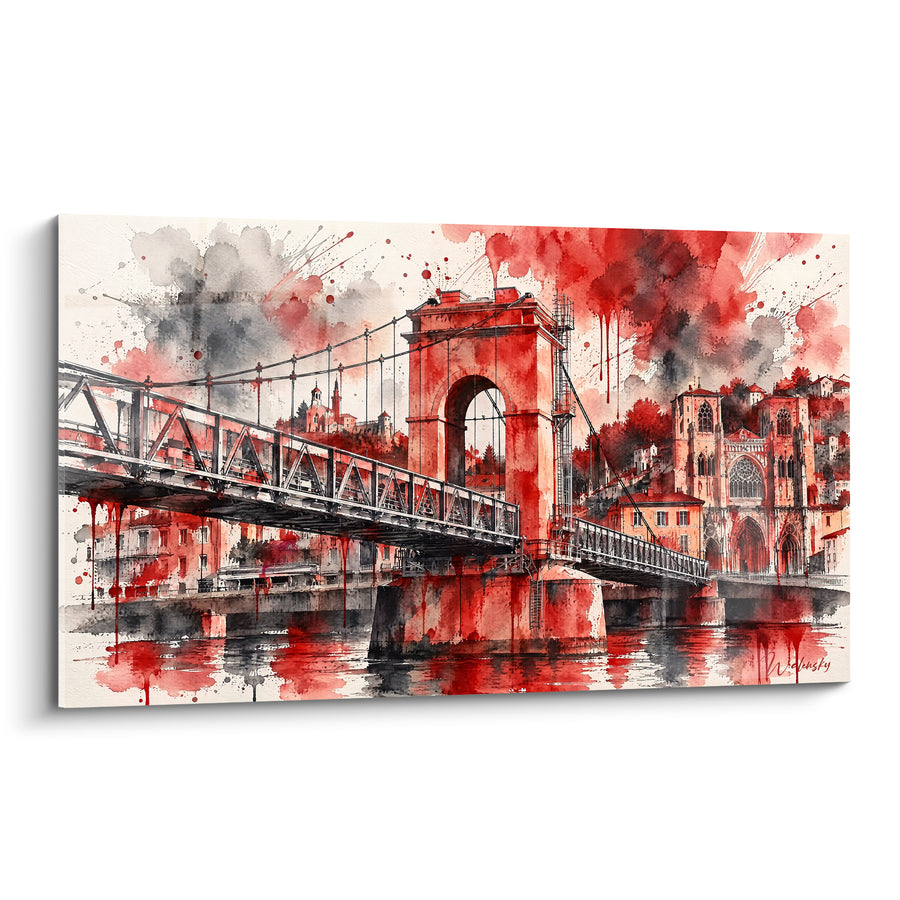 Gemälde Hängebrücke rot und grau über Fluss - Urbaner Spritzer - Ausgabe Wien Auvergne-Rhône-Alpes Frankreich
