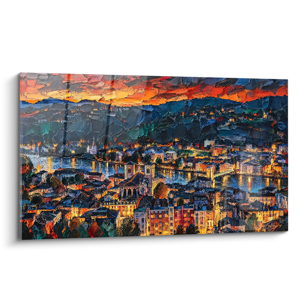 Schilderij Rivierstad bij schemering oranje en blauw - Vlam van de schemering - Editie Wenen Auvergne-Rhône-Alpes Frankrijk