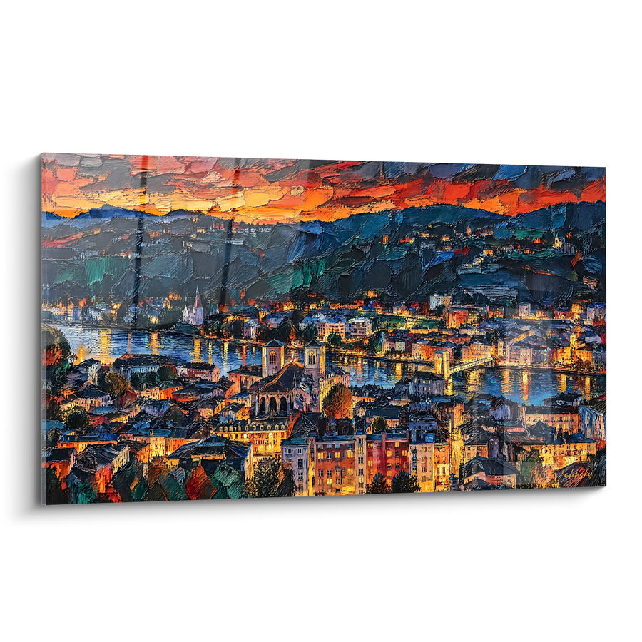 Gemälde Flussstadt in orangefarbener und blauer Dämmerung - Flamme der Dämmerung - Ausgabe Wien Auvergne-Rhône-Alpes Frankreich
