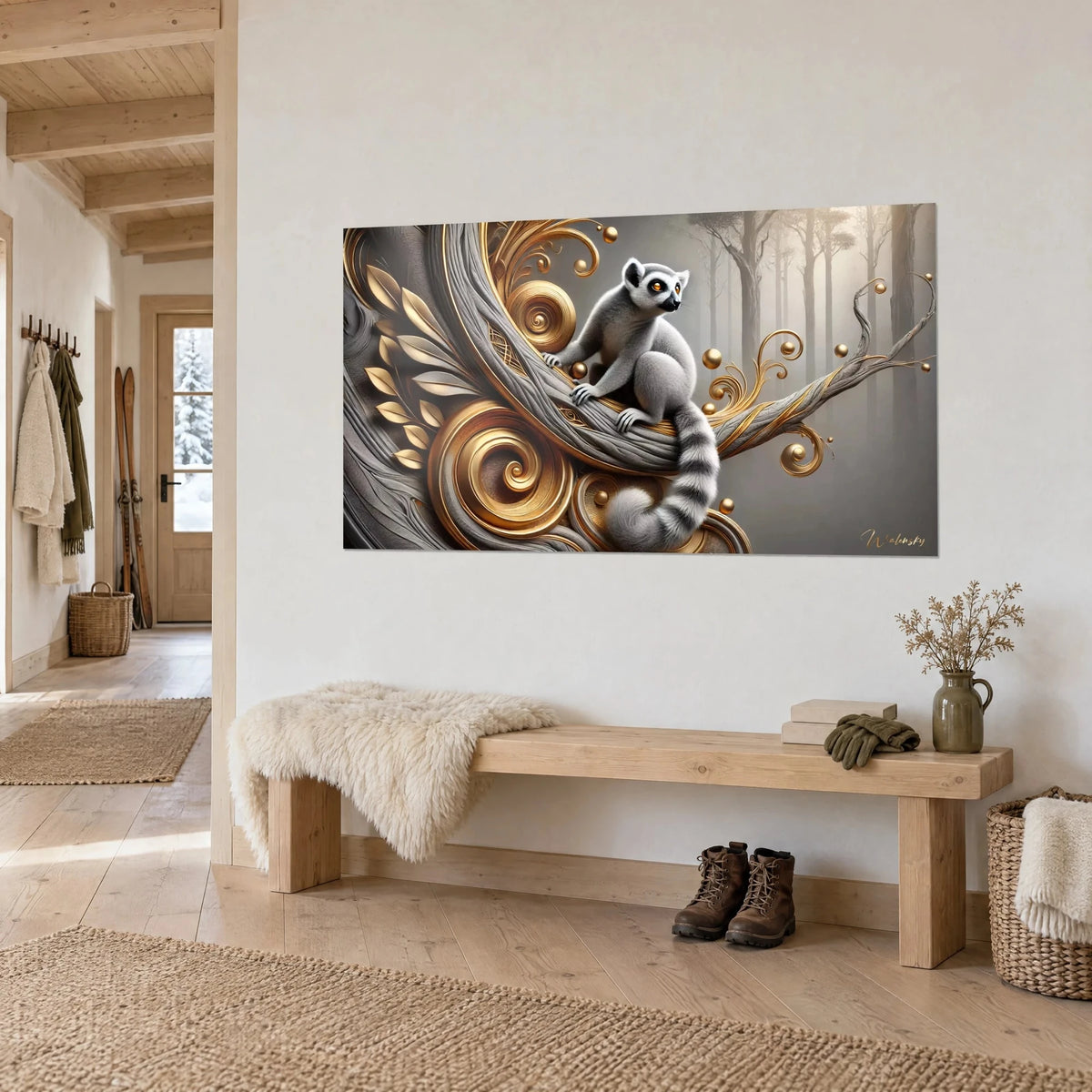 Wall art of a grey and white ringtail maki, golden spirals and silver leaves, light wood of a chalet, three-quarter view