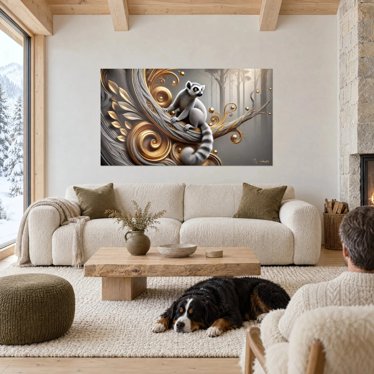 Wall art of a ring-tailed lemur perched on a sculpted grey branch, golden scrolls, dog lying down, above a sofa in a bright living room