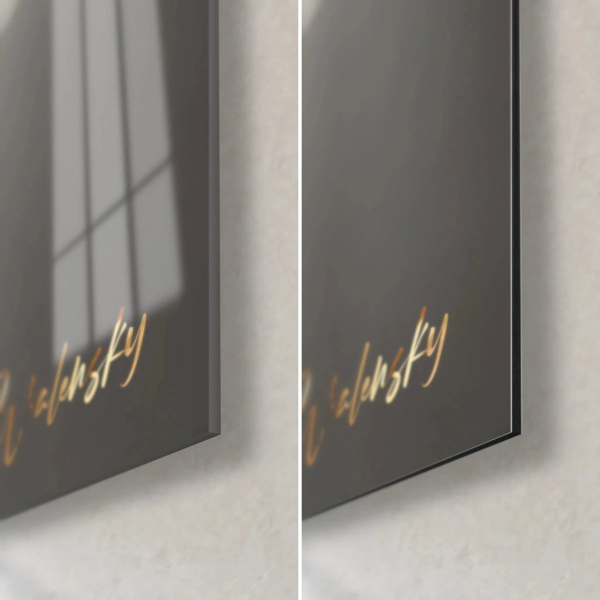 Wall art of a lemur with orange eyes, bottom right corner: glossy acrylic glass reflecting the window, matte grey Dibond, 3 mm edge