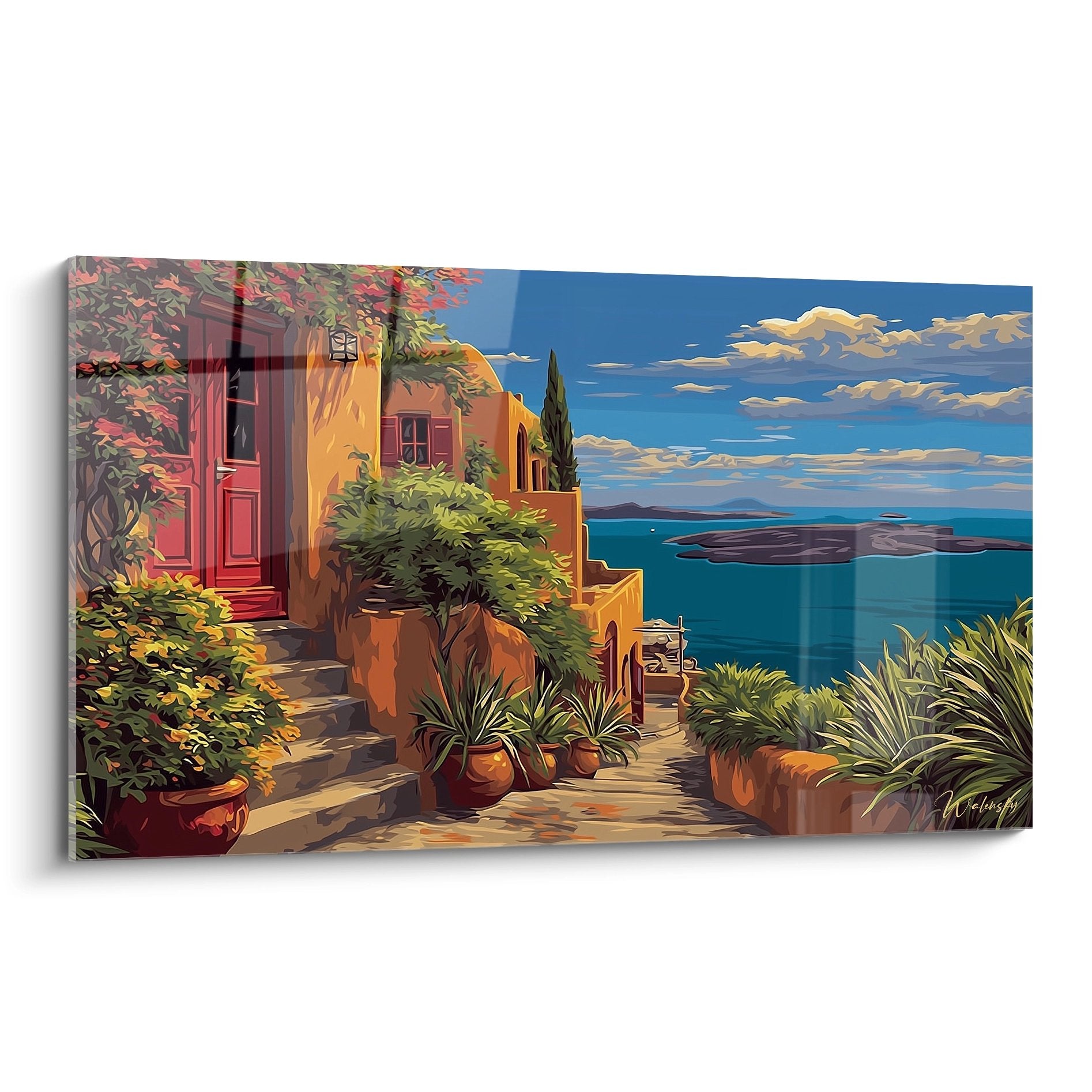 Tableau mural villa méditerranéenne avec terrasse fleurie et vue panoramique sur la mer Égée style Santorin