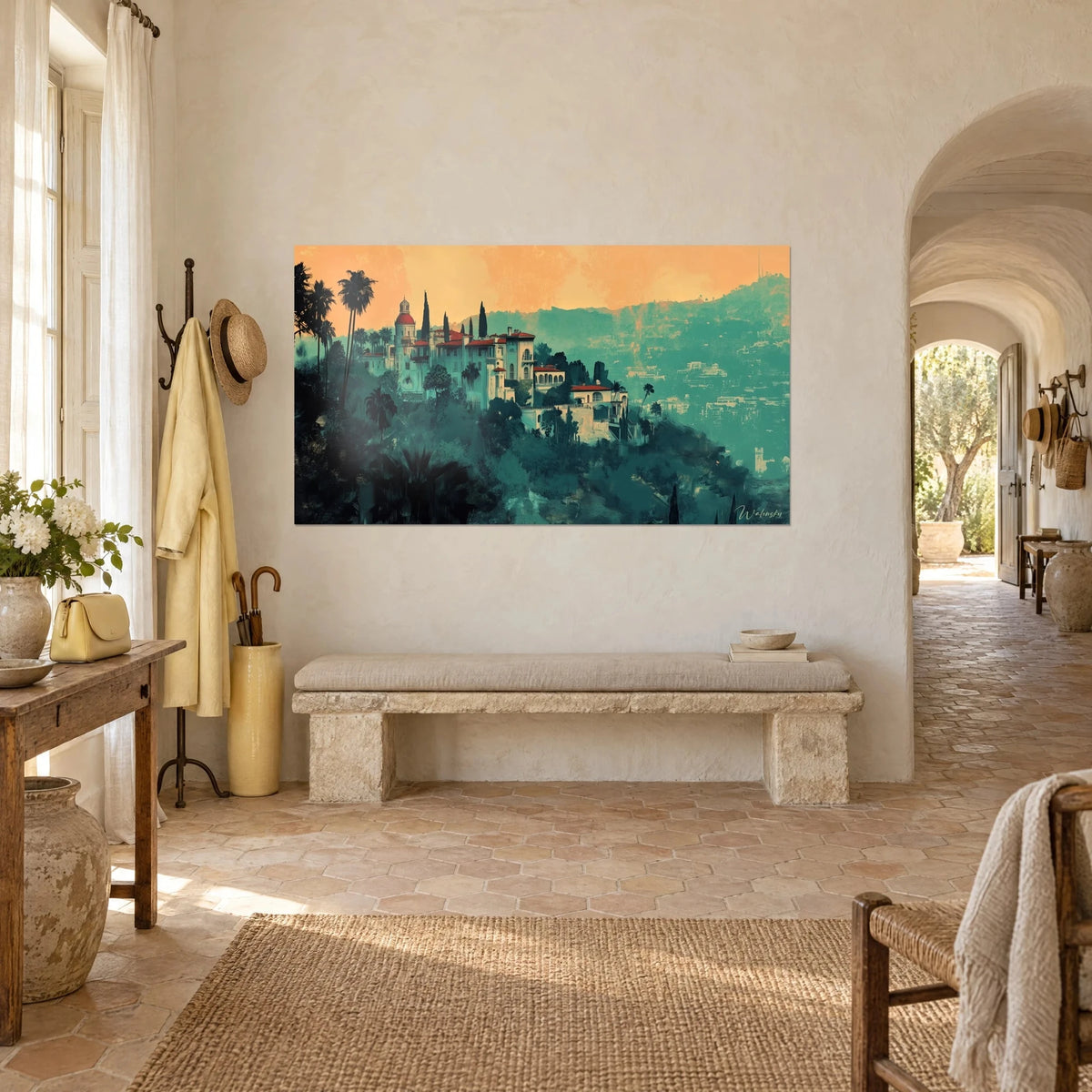 Gemälde mediterrane Villa über der Stadt, dunkle Zypressen und aprikosenfarbener Himmel, Dreiviertelansicht in einem provenzalischen Landhaus