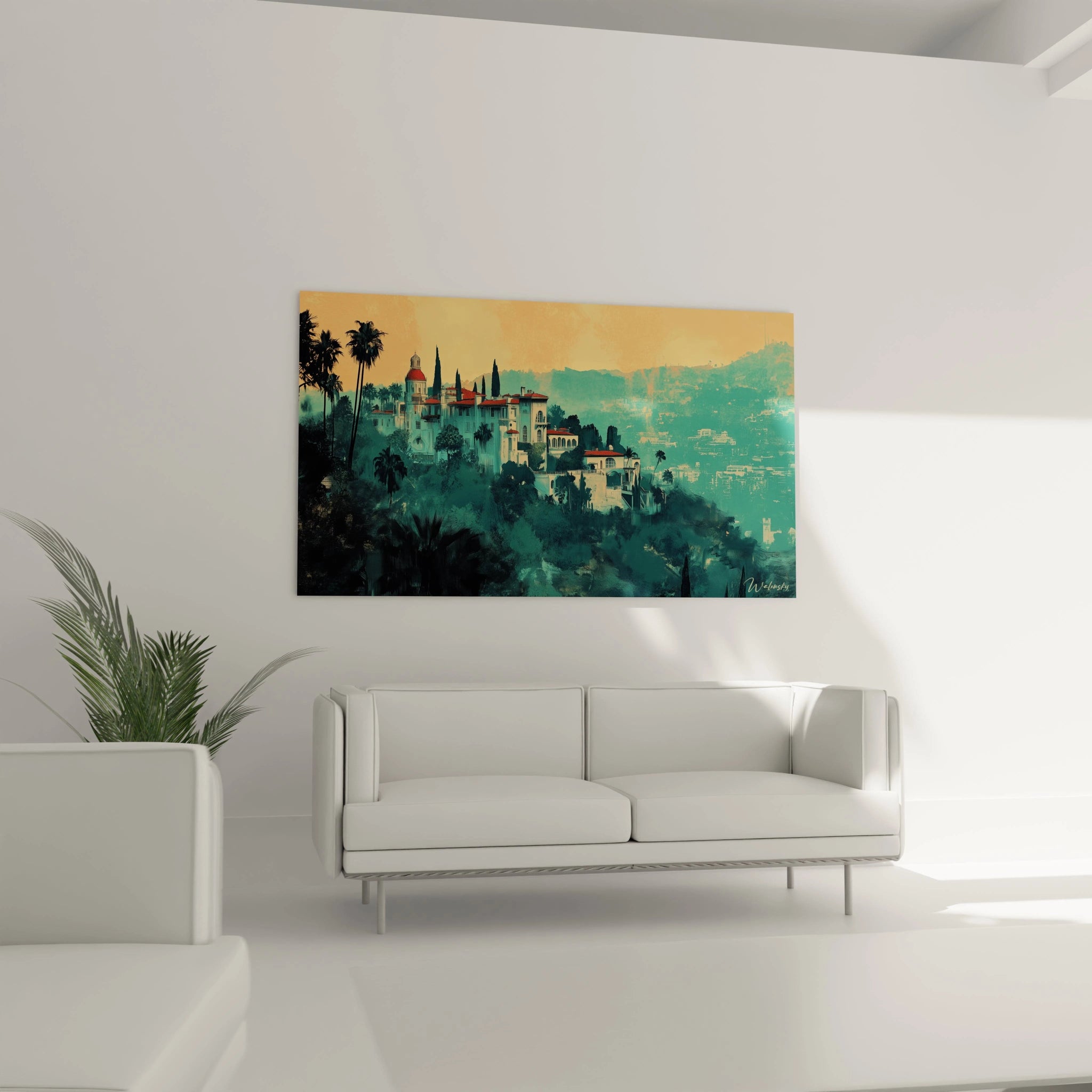 Tableau villa côtière illustrant une propriété méditerranéenne à plusieurs niveaux au milieu de palmiers, baignée dans une lumière dorée de fin de journée, avec un contraste dramatique entre le ciel orangé et la végétation aux teintes turquoise profondes.
