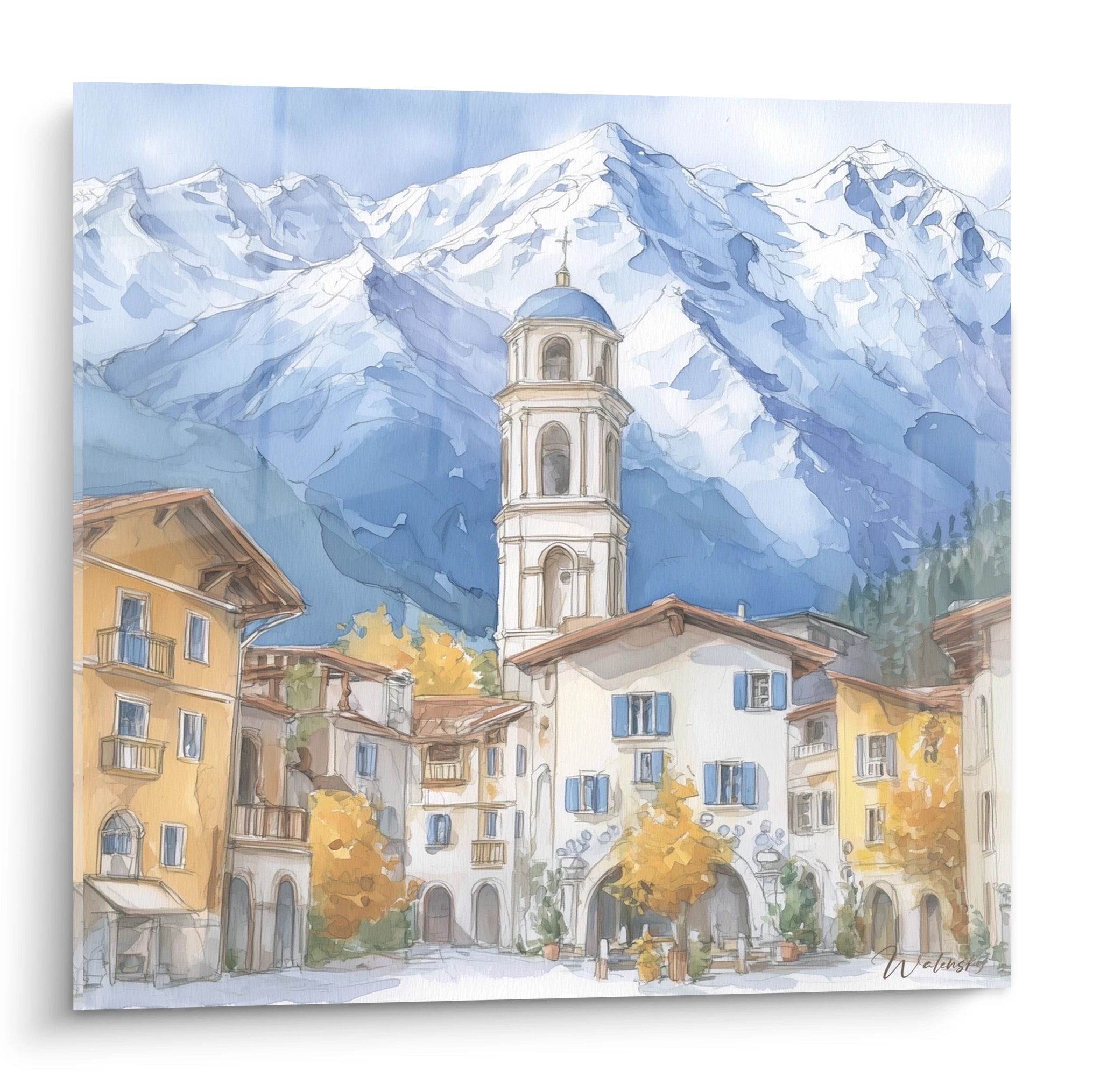 Tableau aquarelle village alpin clocher blanc montagnes enneigées décoration montagne