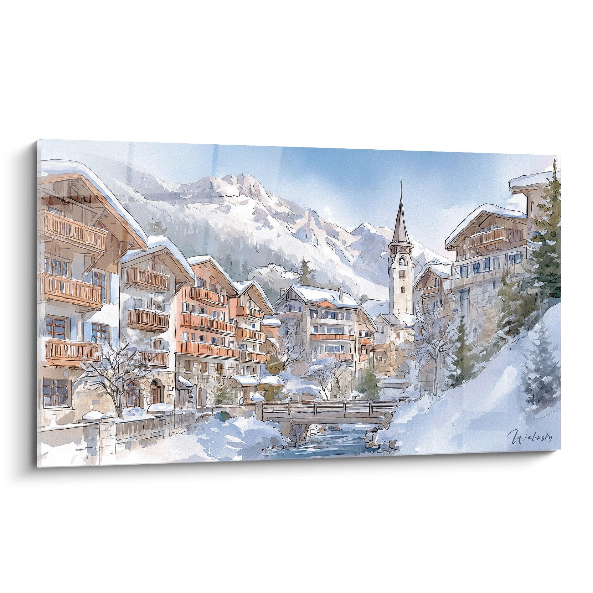 Tableau village alpin enneigé avec chalets traditionnels et clocher au cœur des montagnes