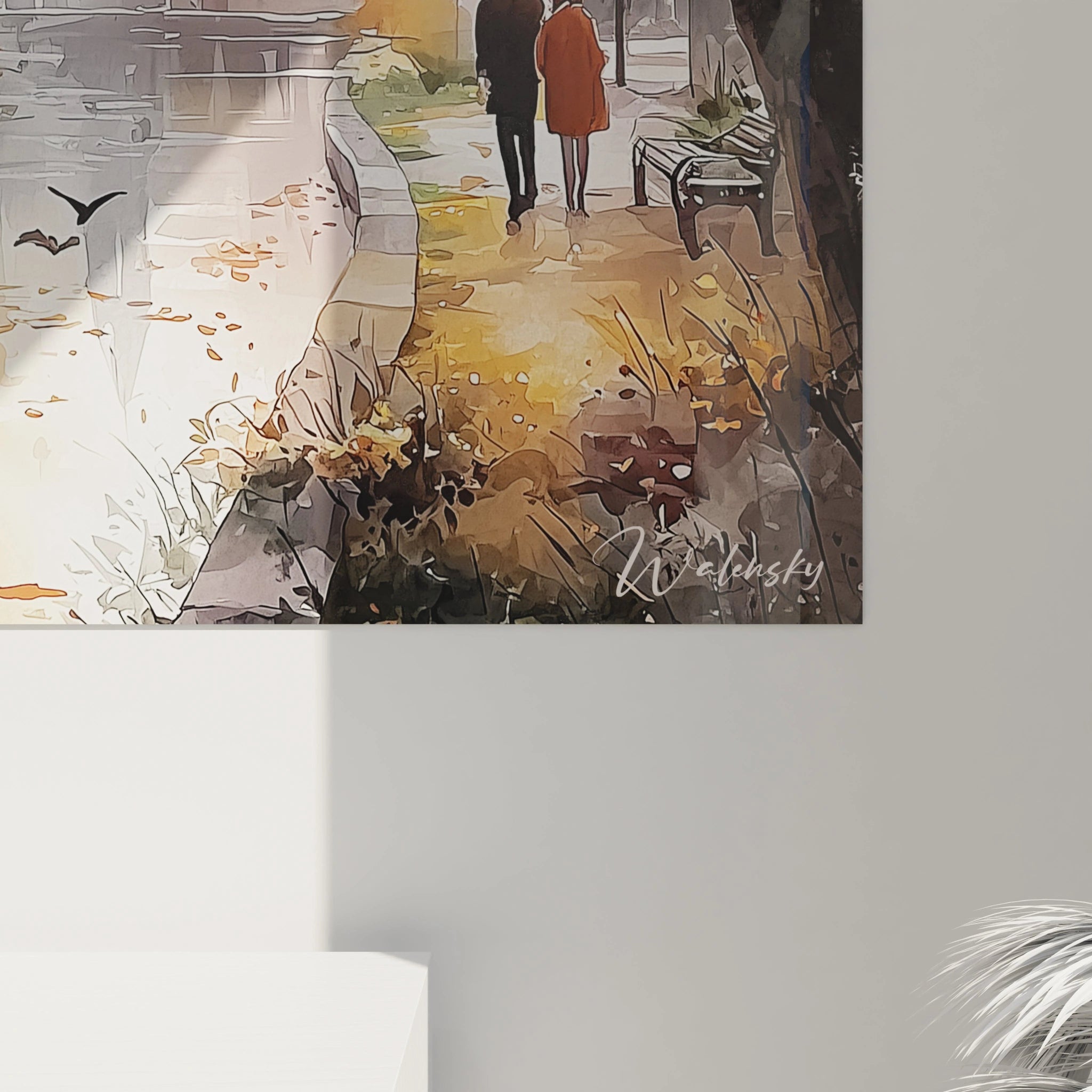 tableau village automne Walensky toile murale couple marchant au bord d un cours d eau banc feuilles