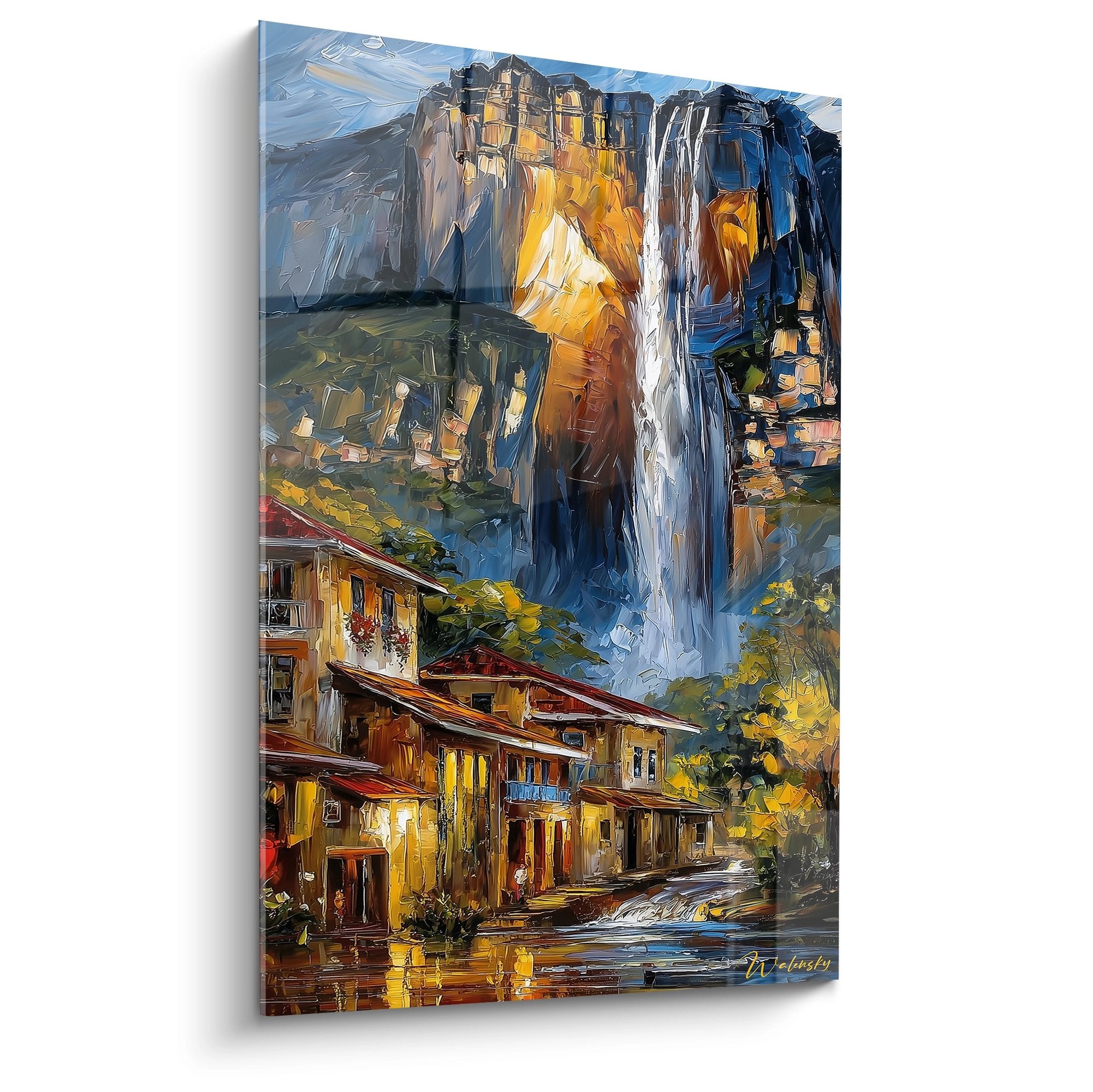 Tableau mural village cascade montagne avec maisons colorées et chute d'eau alpine - décoration intérieure