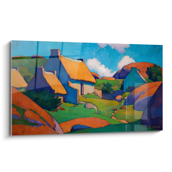 Quadro villaggio colorato stile espressionista con tetti arancioni e muri blu, paesaggio rurale artistico