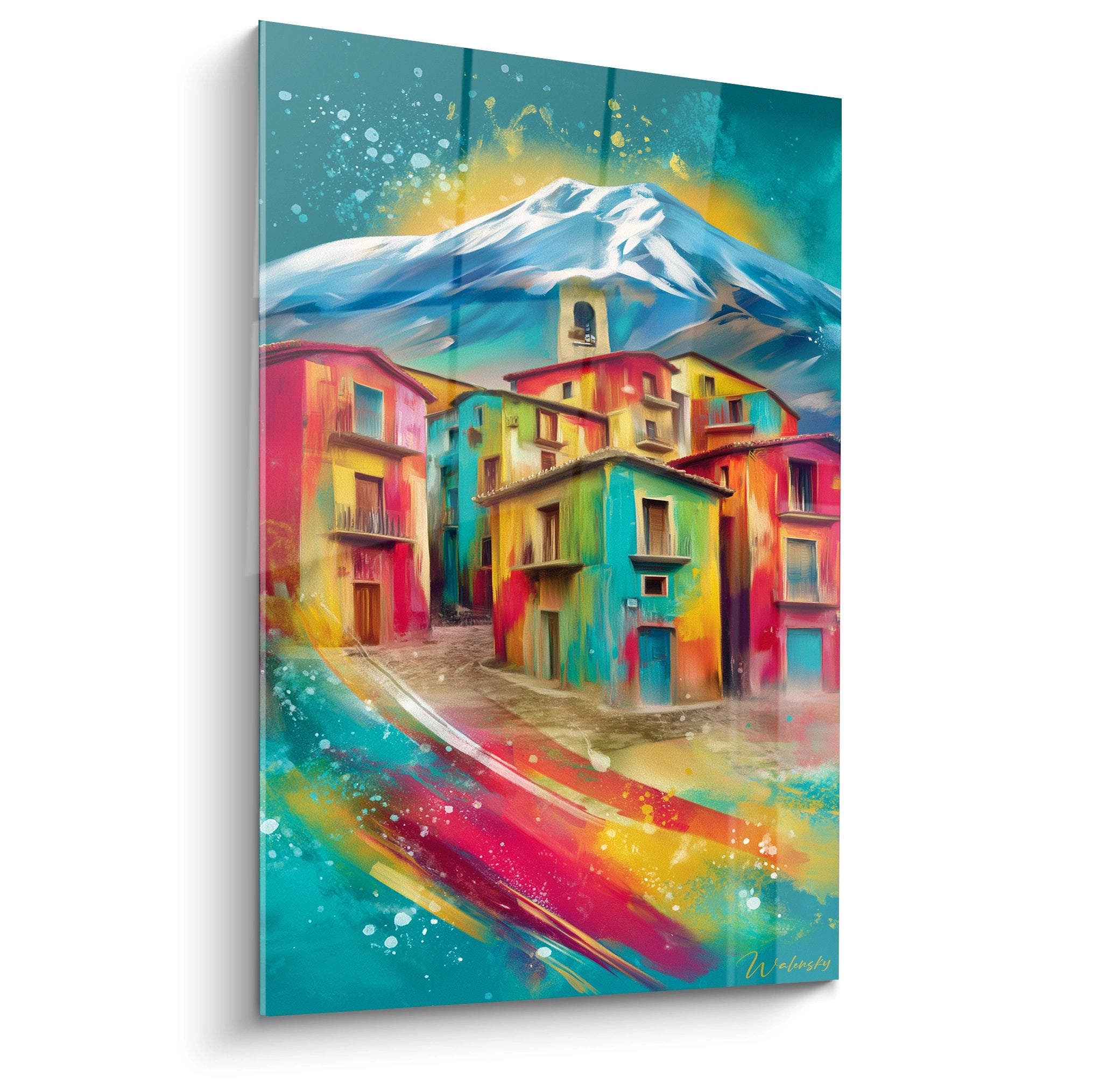 Tableau mural village coloré au pied volcan enneigé, maisons multicolores art moderne décoratif