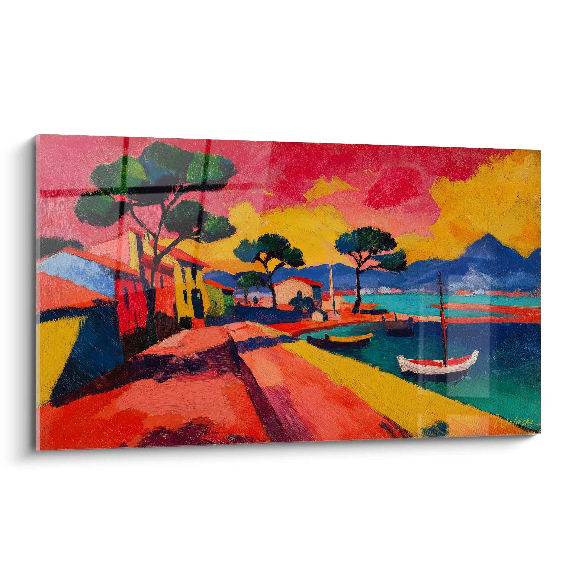 Tableau village côtier coloré style fauve avec bateaux et maisons méditerranéennes - art mural bord de mer