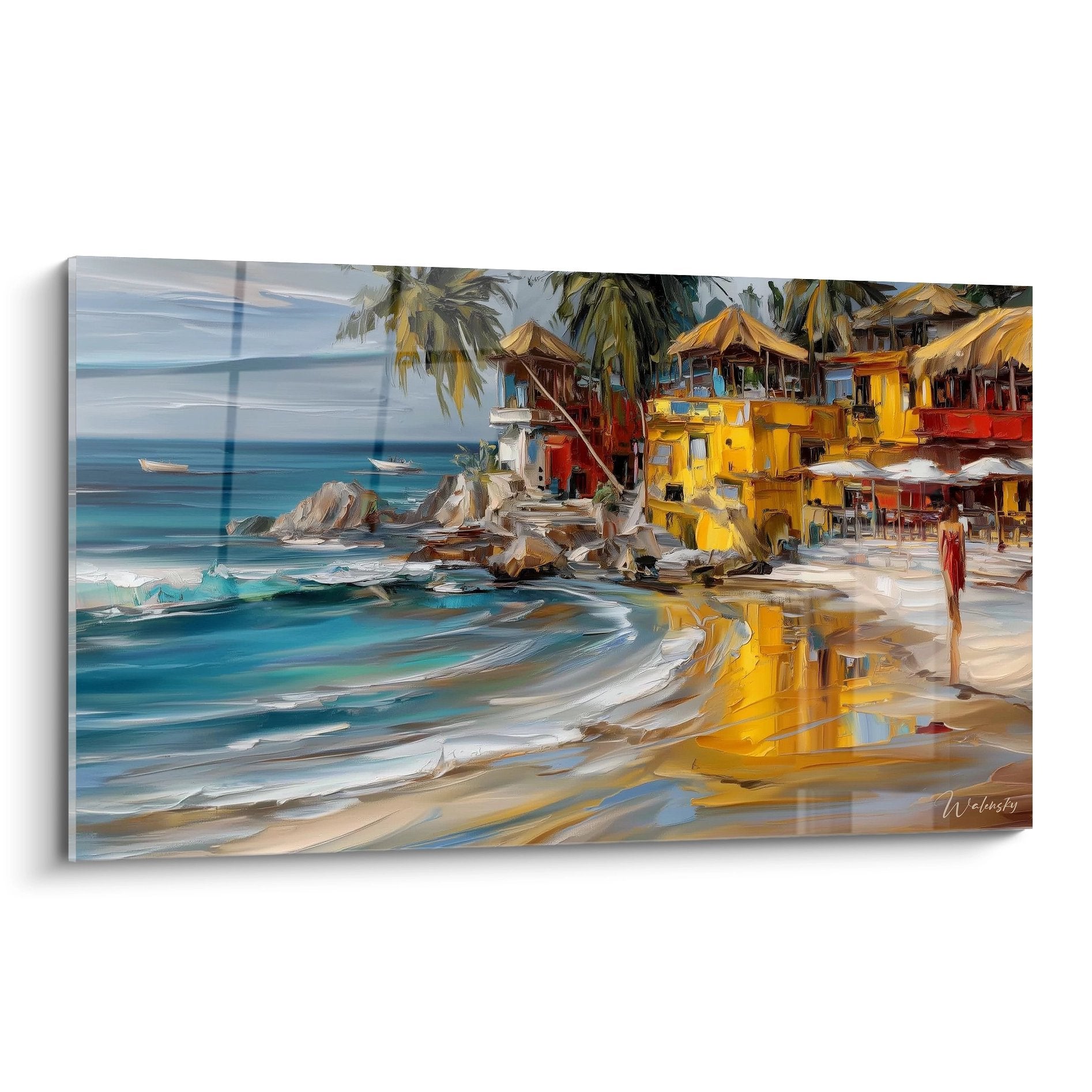 Tableau village côtier coloré avec maisons sur pilotis et plage aux reflets dorés, style tropical