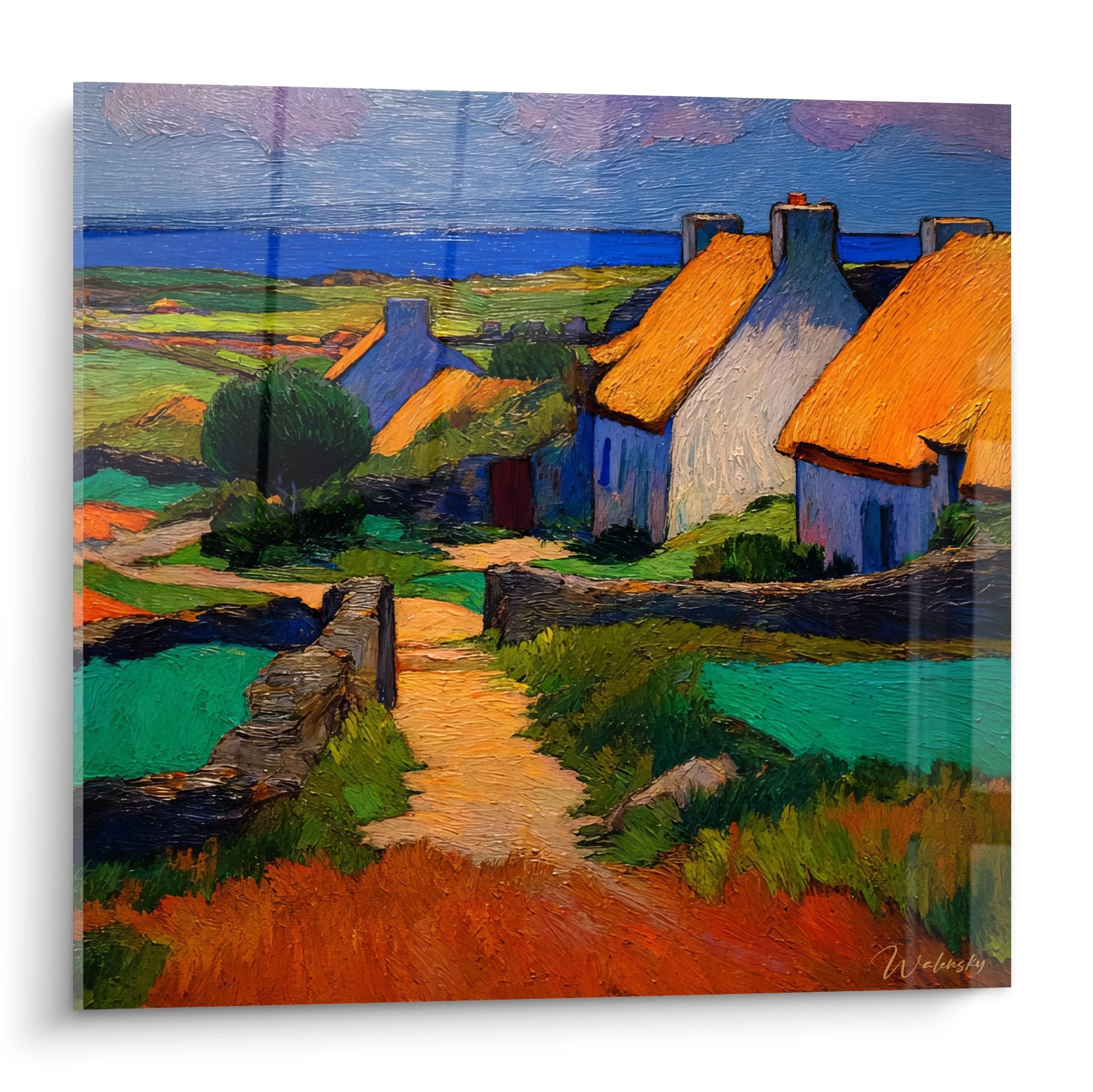 Tableau mural village côtier maisons bleues toits chaume orange paysage campagne traditionnel