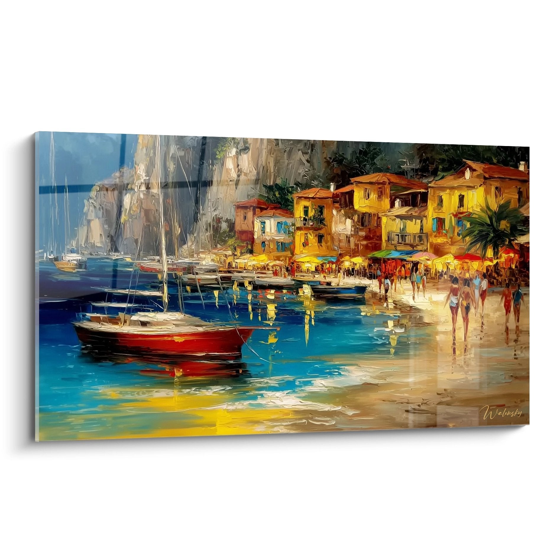 Tableau mural village côtier méditerranéen avec bateaux de pêche et maisons colorées au bord de la mer