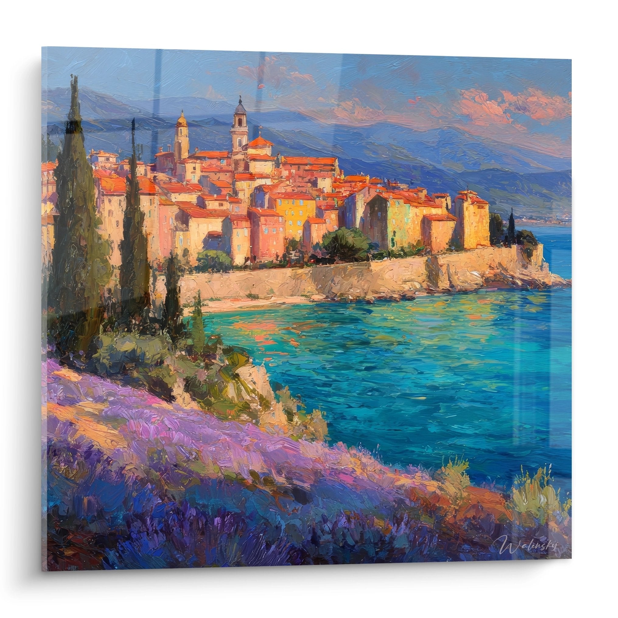 Tableau village côtier méditerranéen aux maisons colorées surplombant eaux turquoise - art bord de mer