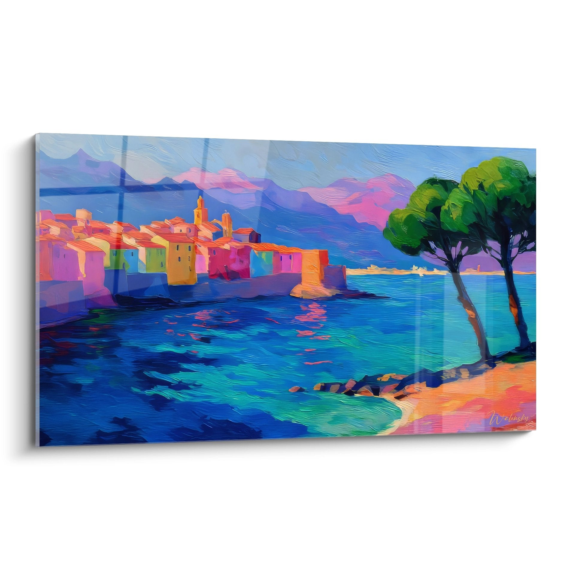 Tableau village côtier méditerranéen coloré avec maisons multicolores et eau turquoise - art bord de mer