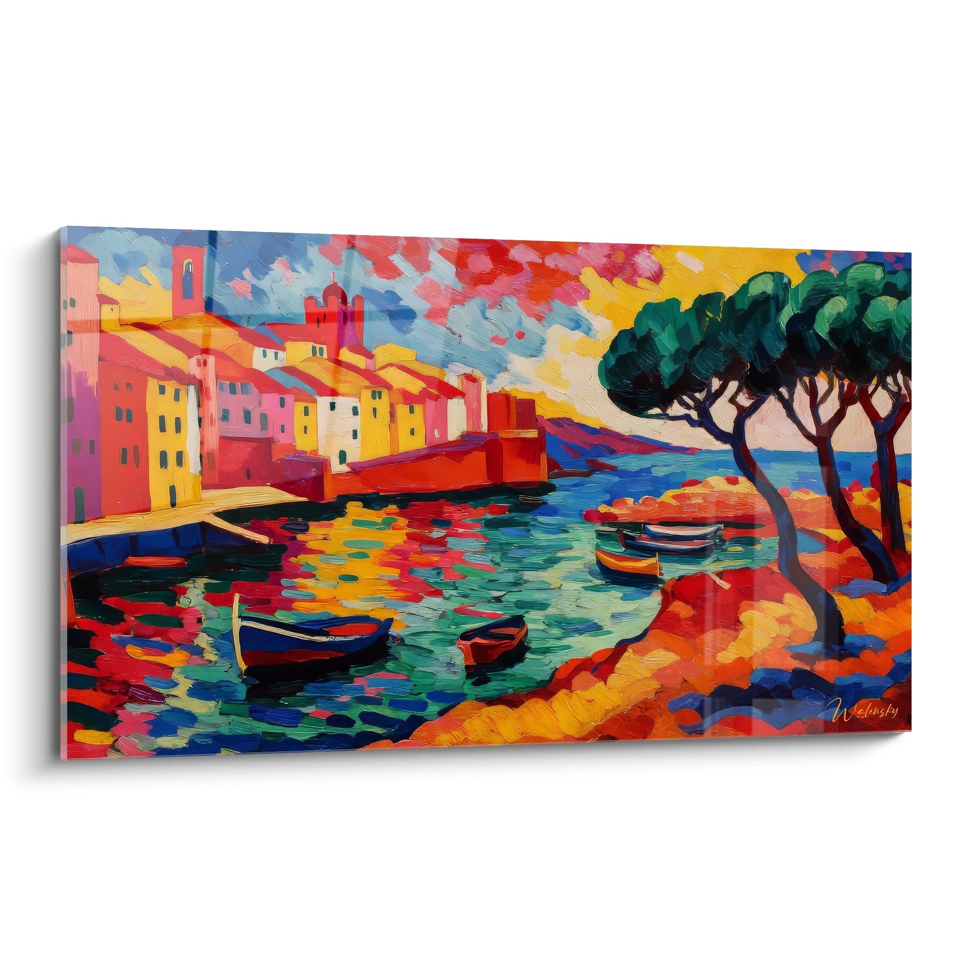 Tableau village côtier méditerranéen coloré avec bateaux et maisons traditionnelles style expressionniste