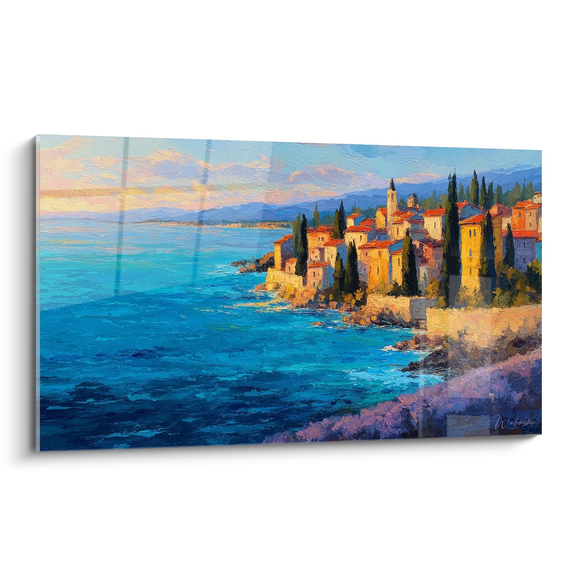 Tableau mural village côtier méditerranéen aux maisons colorées dominant une mer turquoise