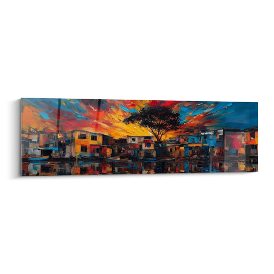 Tableau paysage africain moderne avec des couleurs vives et des reflets sur l'eau au coucher de soleil