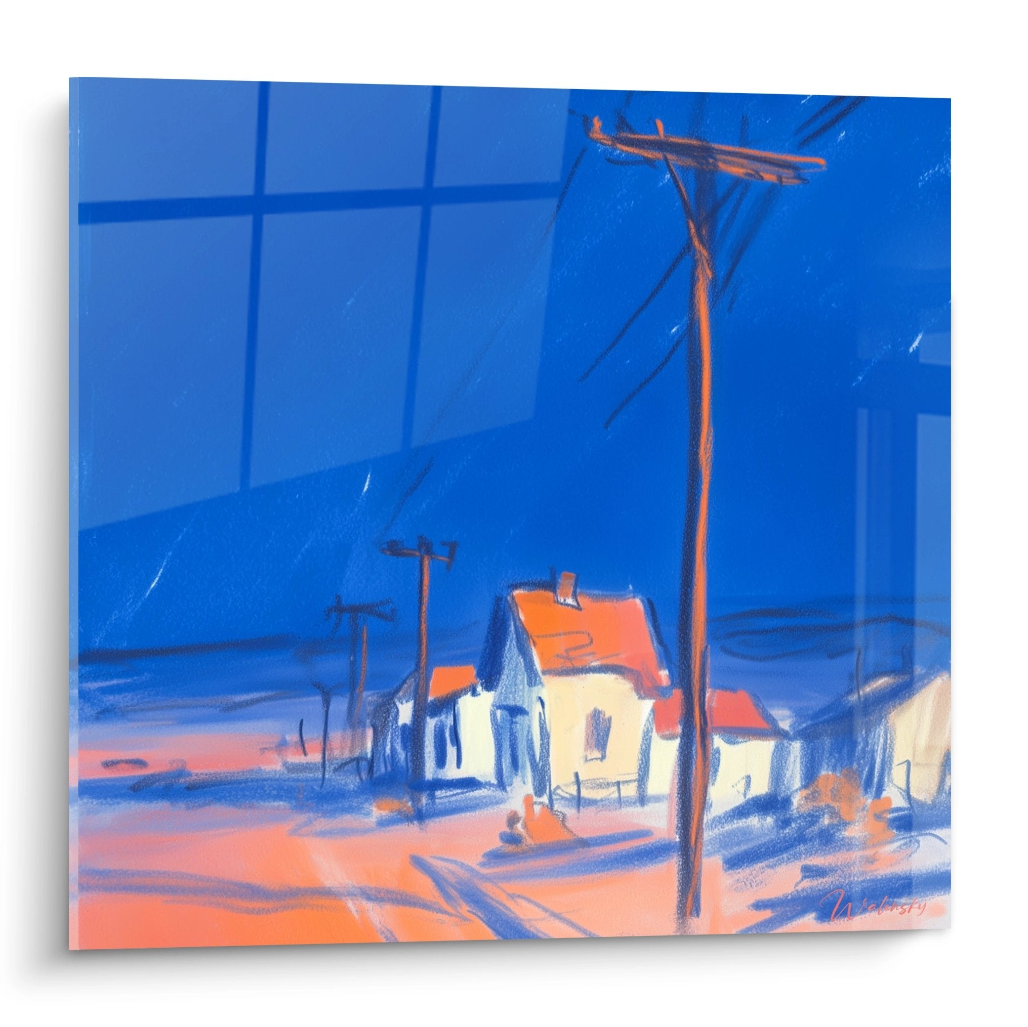 Tableau village désertique tons bleus oranges maisons isolées poteaux électriques art mural contemporain