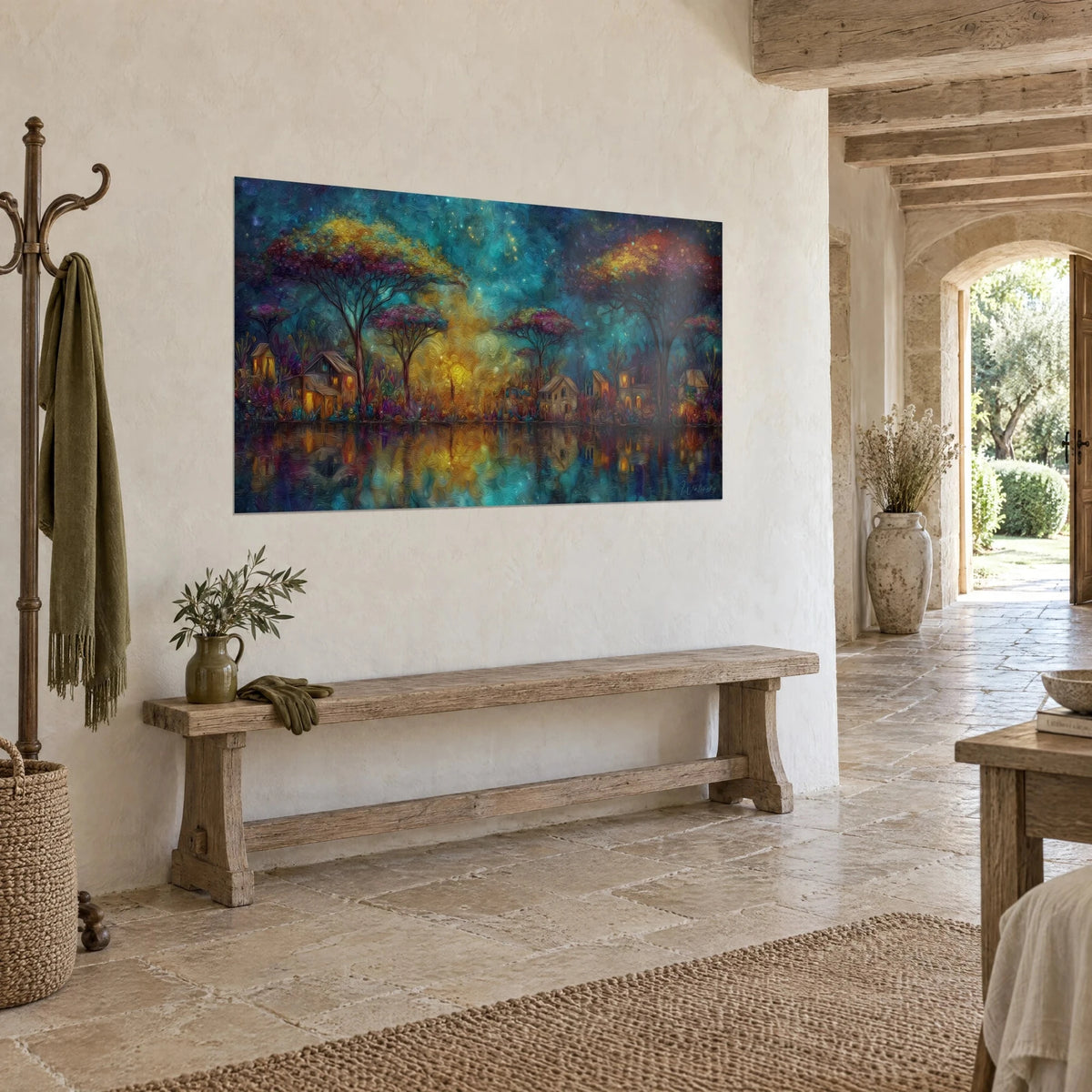 Cuadro sabana fabulosa bajo un cielo turquesa estrellado, casas con ventanas naranjas, vista de tres cuartos sobre un muro de piedra