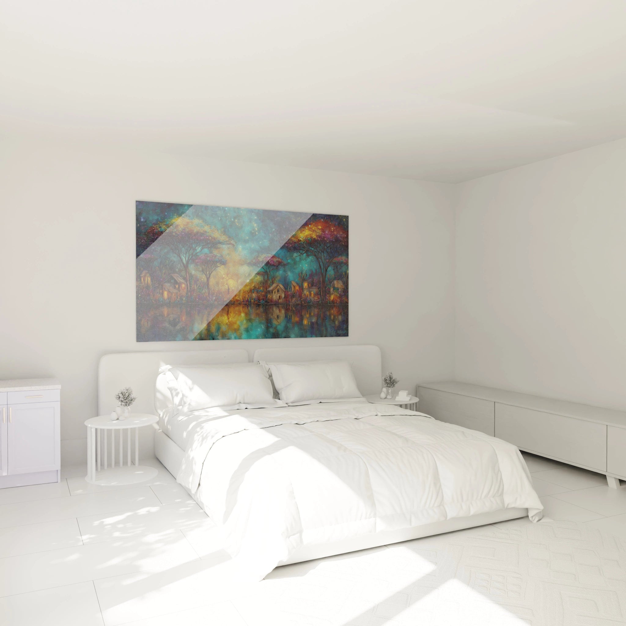 Tableau paysage africain de Walensky affiché dans une chambre moderne avec un lit blanc