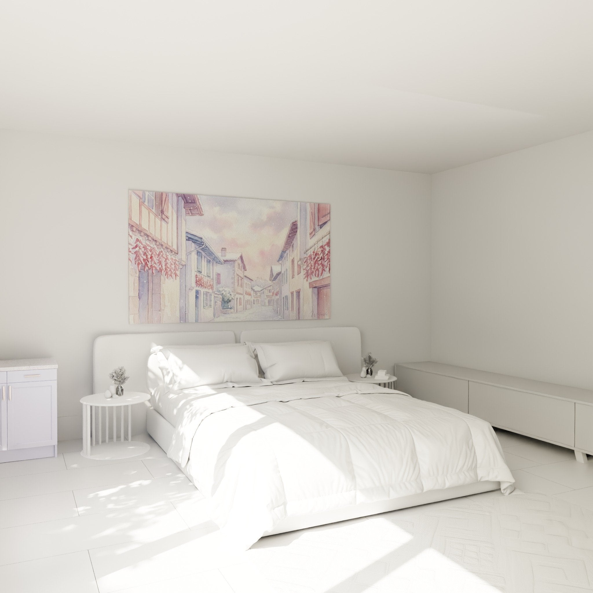 Tableau village hivernal pastel dans chambre decoration murale douce ambiance cosy neige