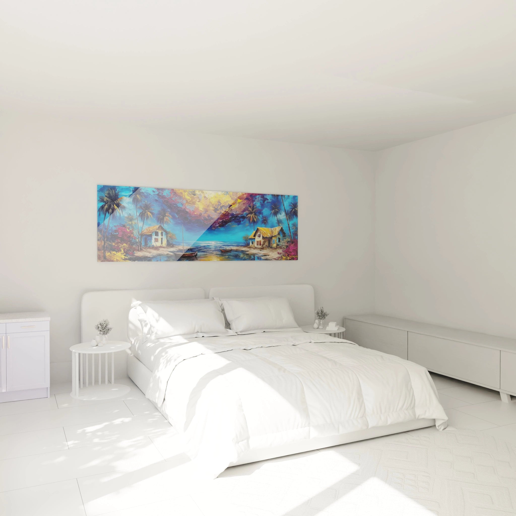 Tableau paysage africain mural Walensky avec des maisons et des palmiers dans un décor coloré