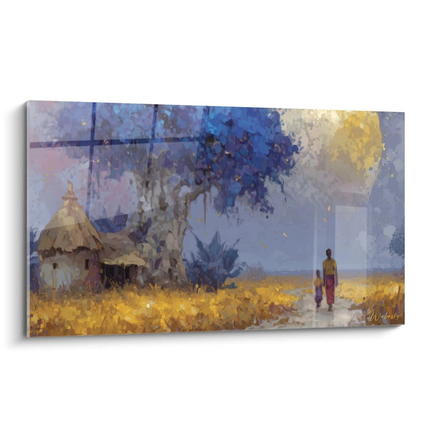 Tableau Village Huttes dorées sous l'acacia bleu - édition paysage africain