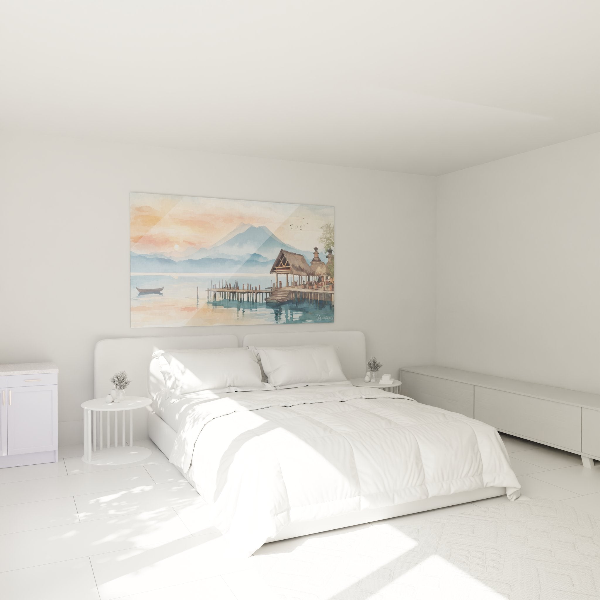 Tableau village lacustre chambre décoration murale coucher soleil lac montagne ambiance zen