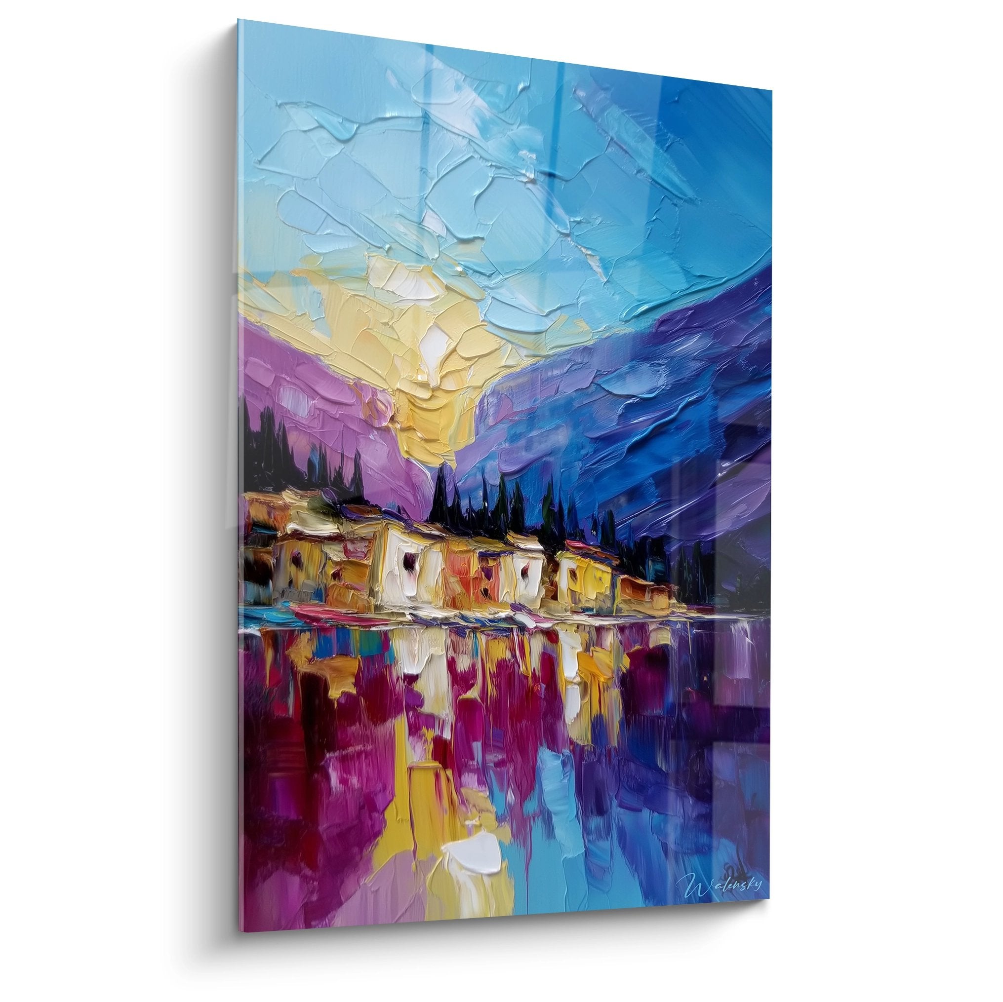 Tableau village lacustre montagne reflets colorés peinture contemporaine décoration murale