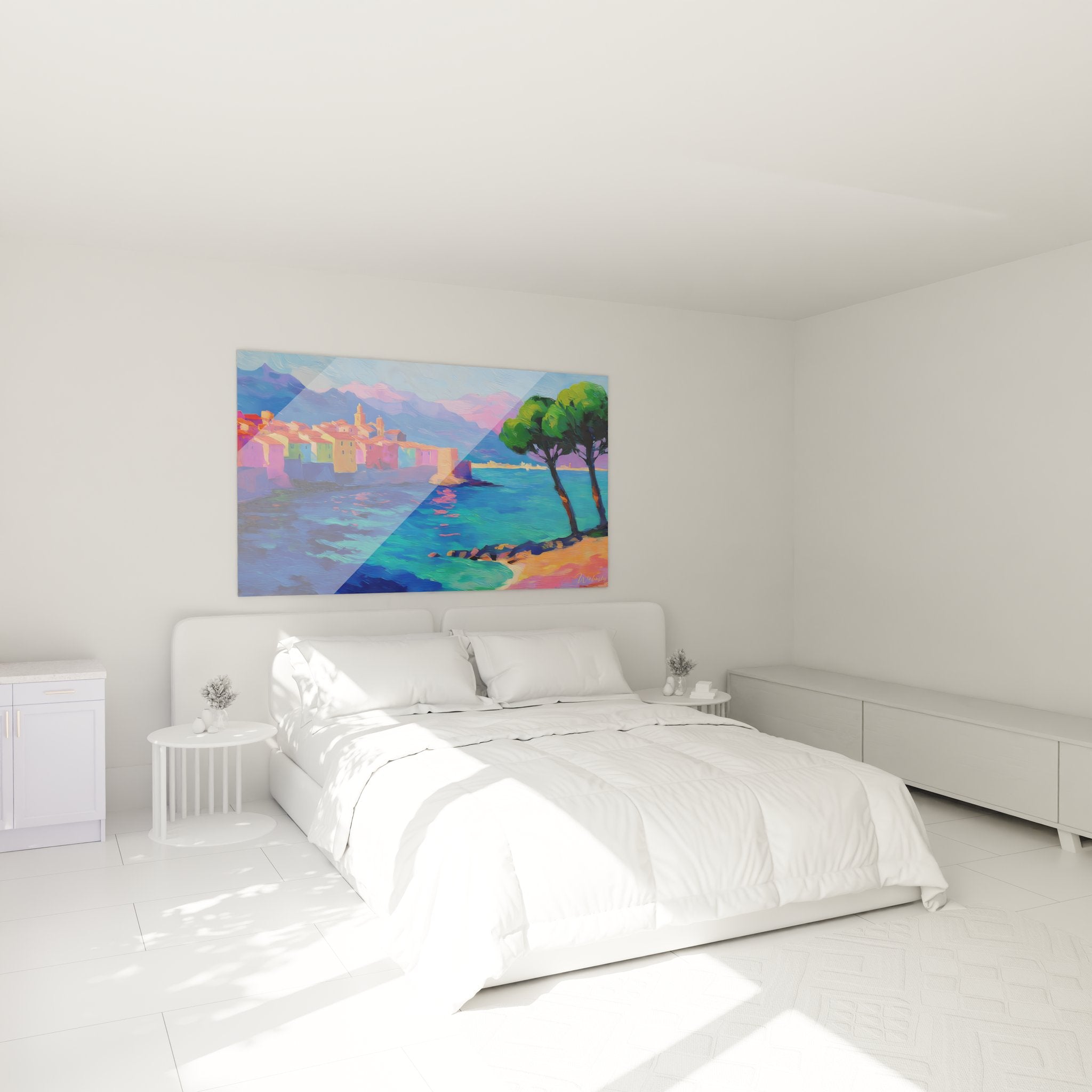 Tableau mural village méditerranéen dans ambiance chambre moderne - décoration côtière contemporaine