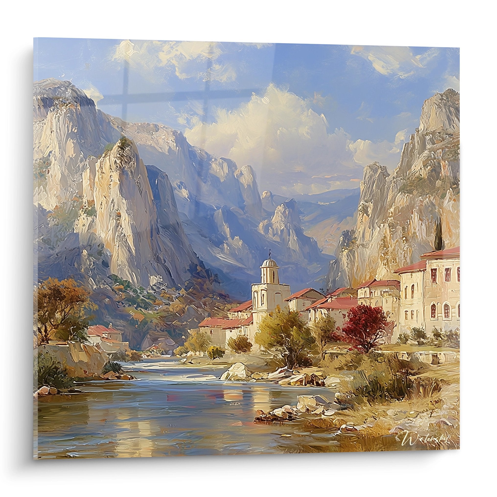 Tableau mural village méditerranéen dans canyon rocheux aux maisons blanches et toits rouges