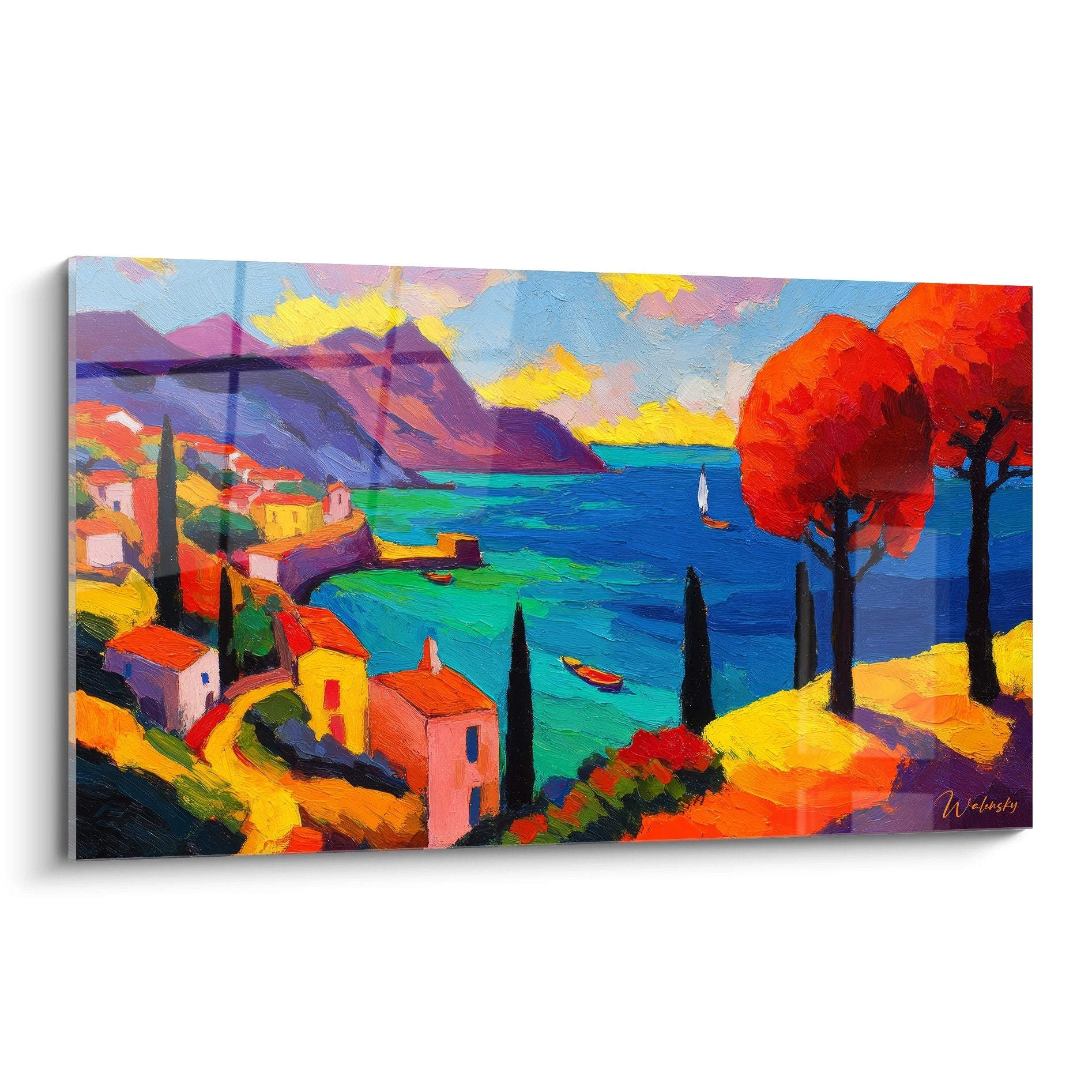 Tableau mural village méditerranéen coloré avec maisons au bord de mer et cyprès