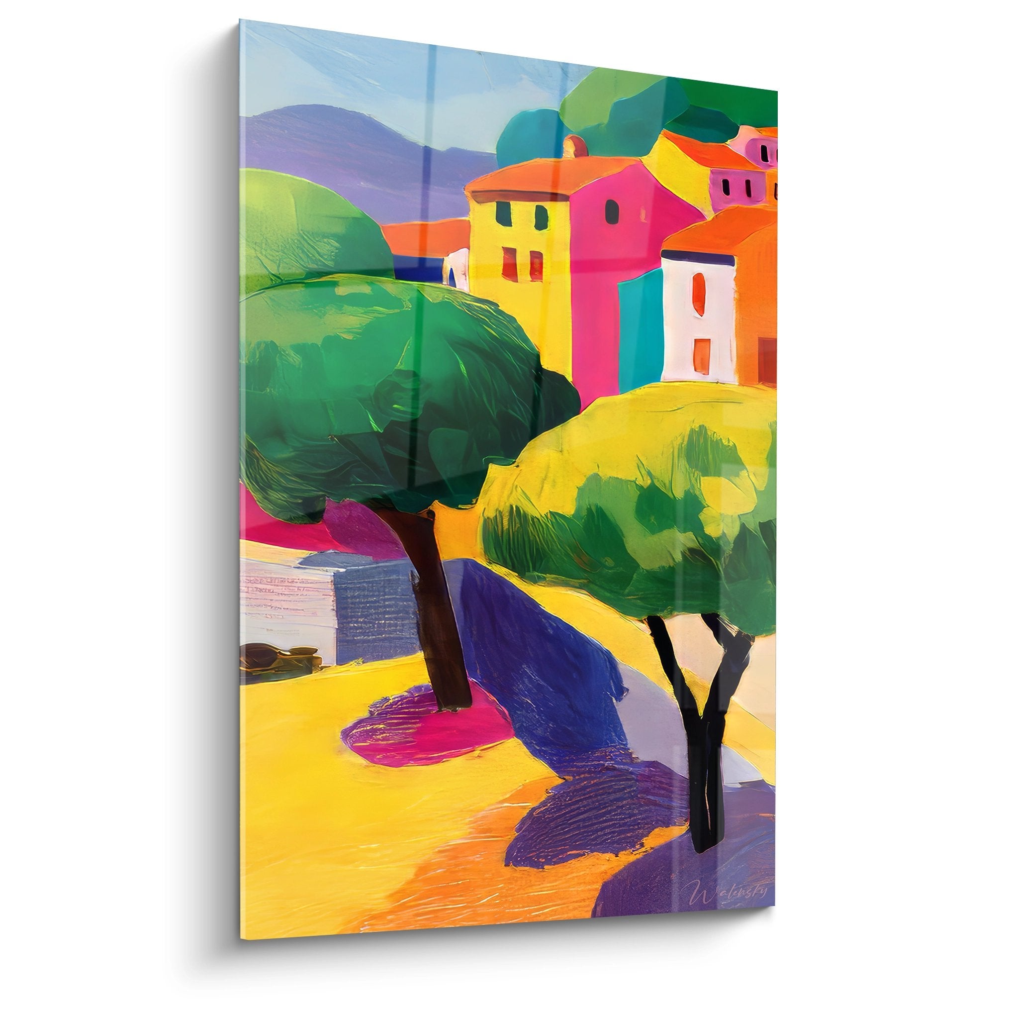 Tableau village méditerranéen coloré avec maisons multicolores et arbres, art côtier contemporain