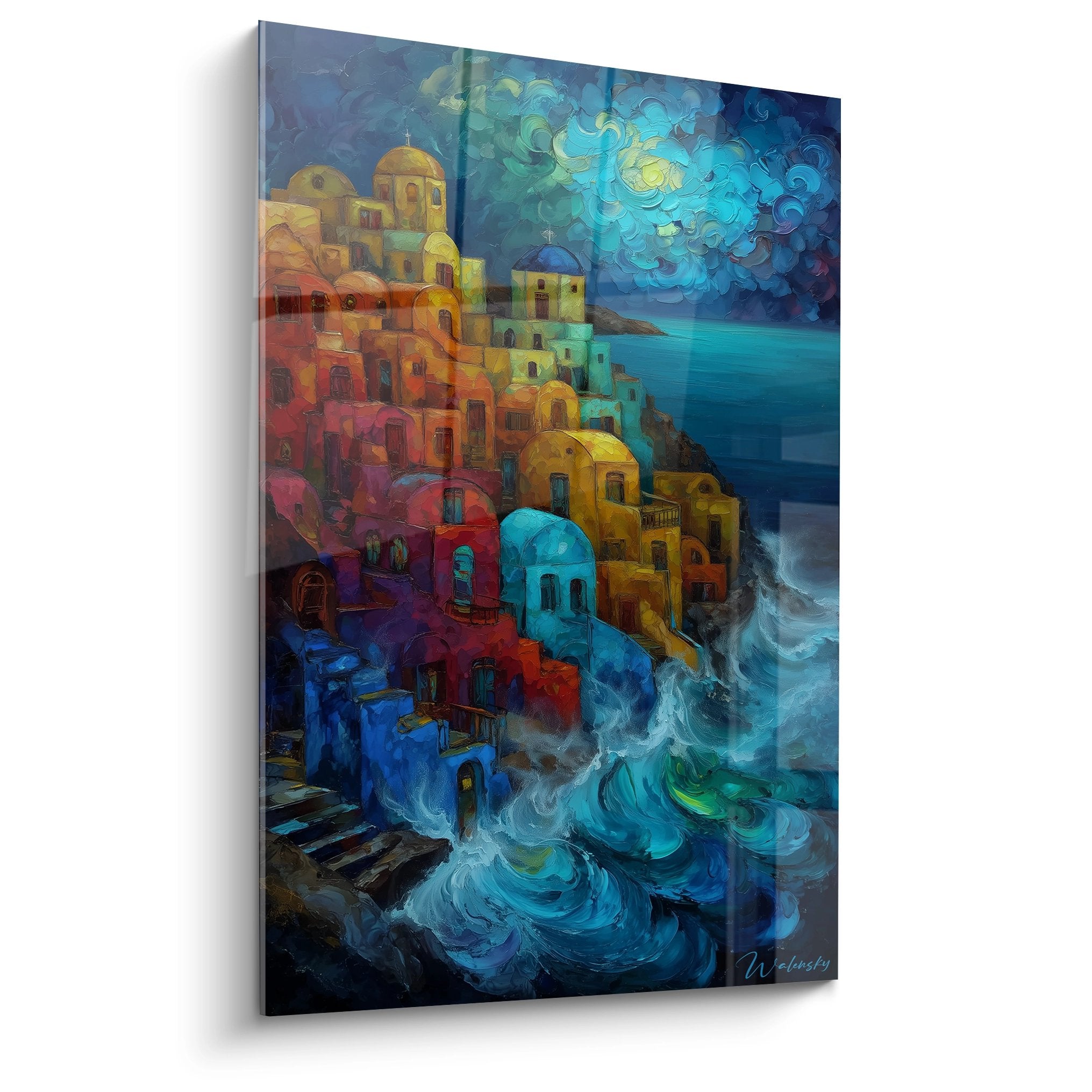 Tableau mural village méditerranéen coloré avec maisons escarpées au bord de mer et vagues stylisées