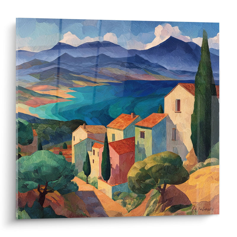 Tableau village méditerranéen - Côte d'Azur stylisée - édition bord de mer