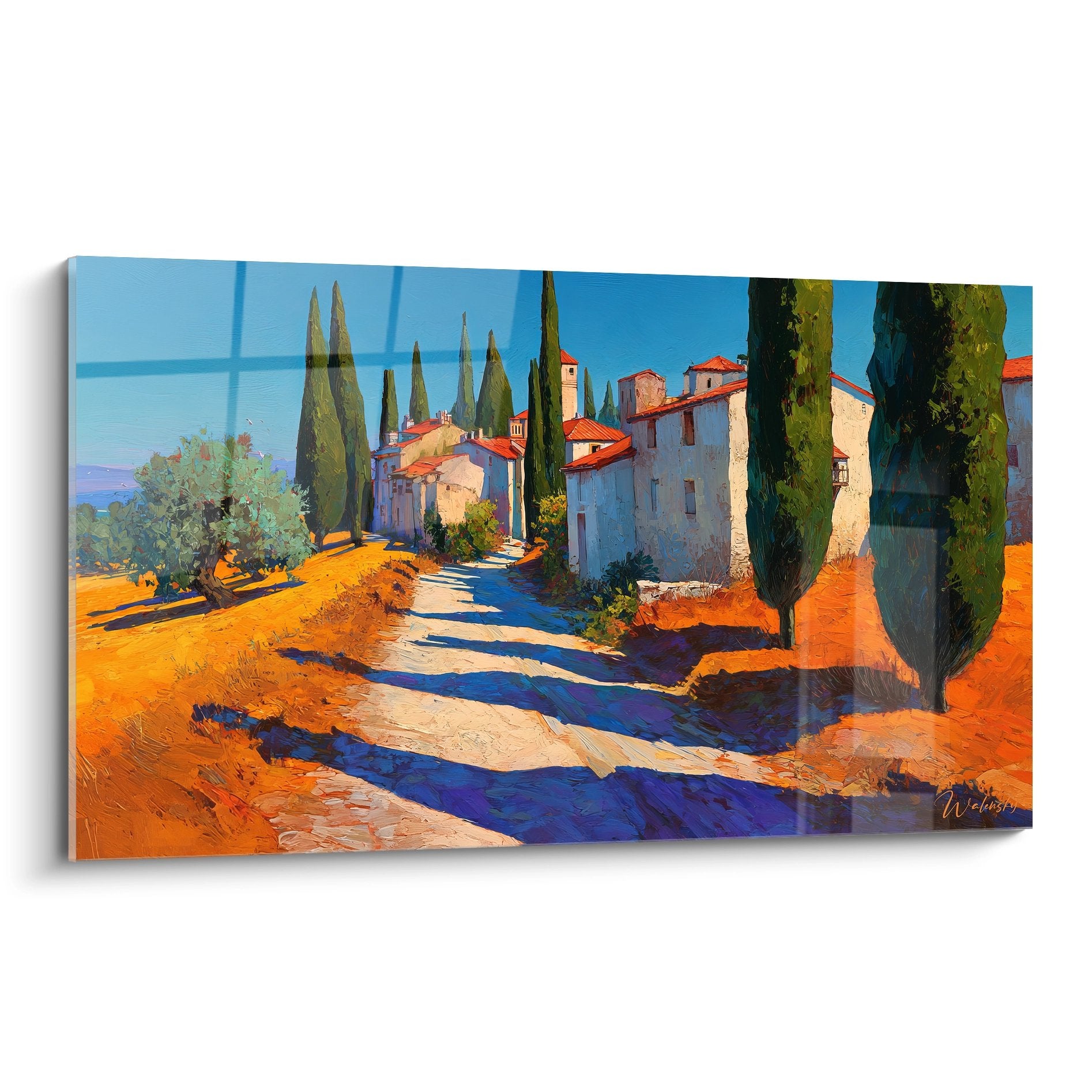 Tableau village méditerranéen avec cyprès et chemin de terre, maisons colorées style campagne provençale