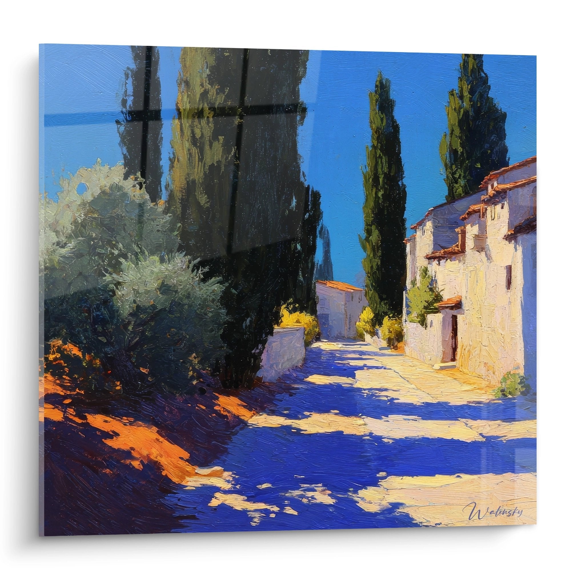 Tableau village méditerranéen avec rue pavée, cyprès et maisons traditionnelles aux toits de tuiles