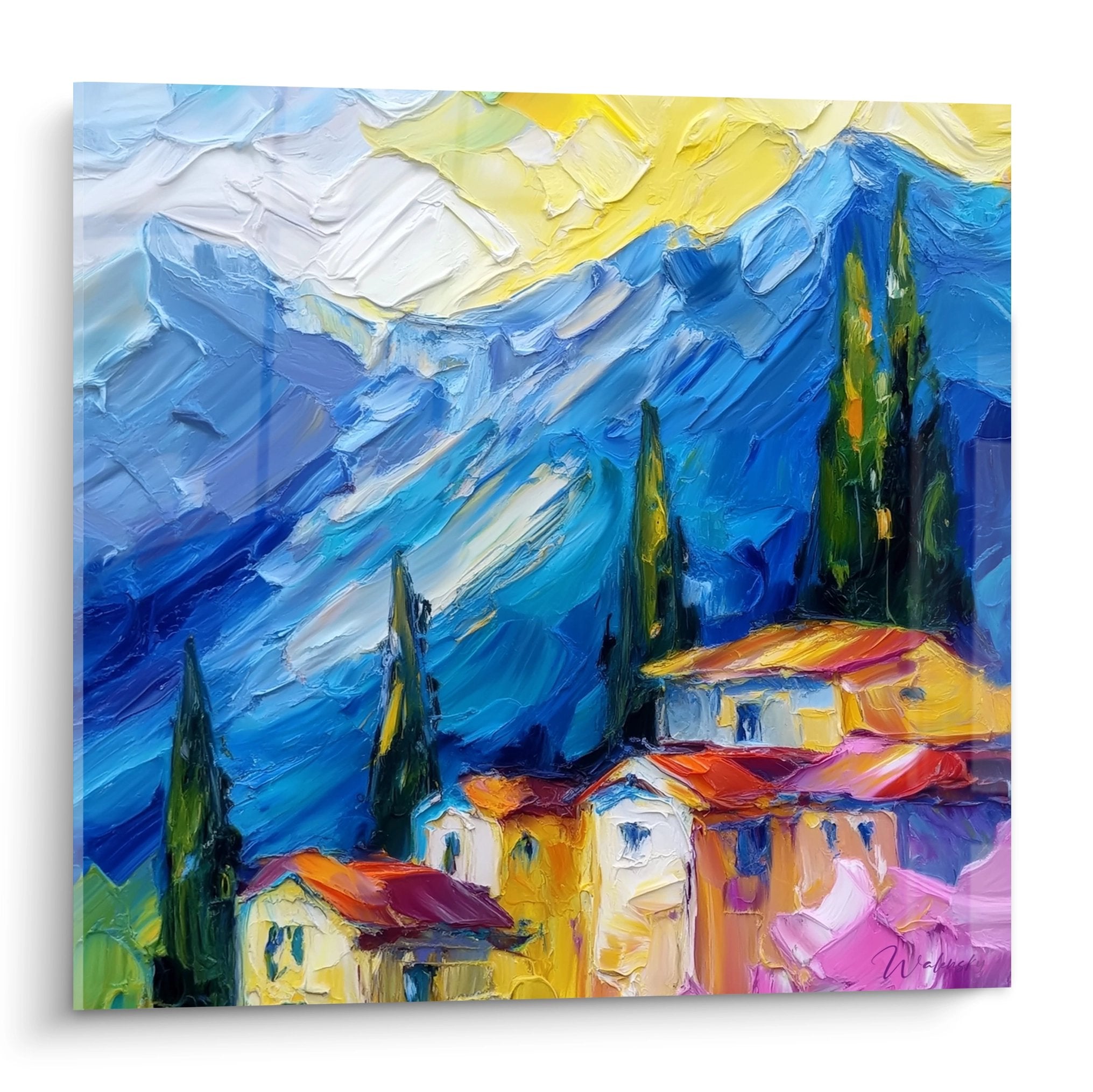 Tableau mural village méditerranéen avec cyprès et maisons colorées dans paysage montagne style impressionniste