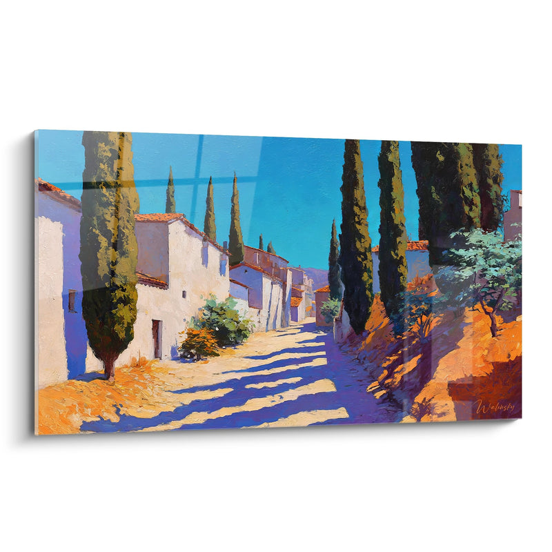 Tableau village méditerranéen avec cyprès - Rue ensoleillée de Provence - édition campagne