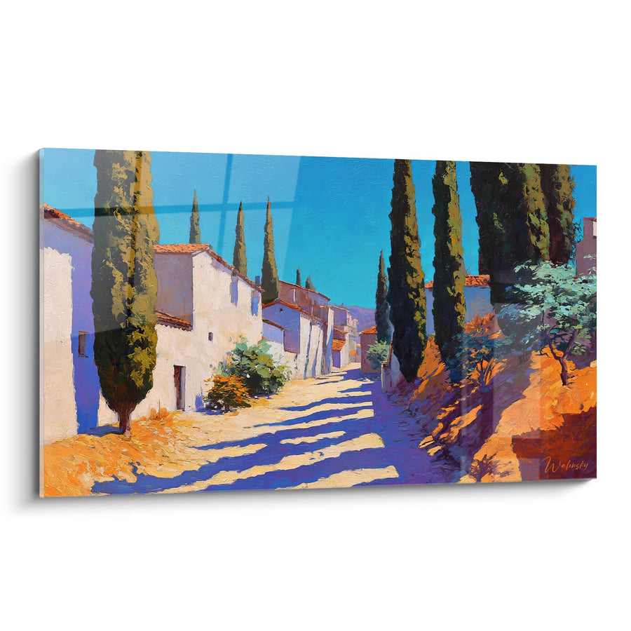 Tableau village méditerranéen avec cyprès - Rue ensoleillée de Provence - édition campagne